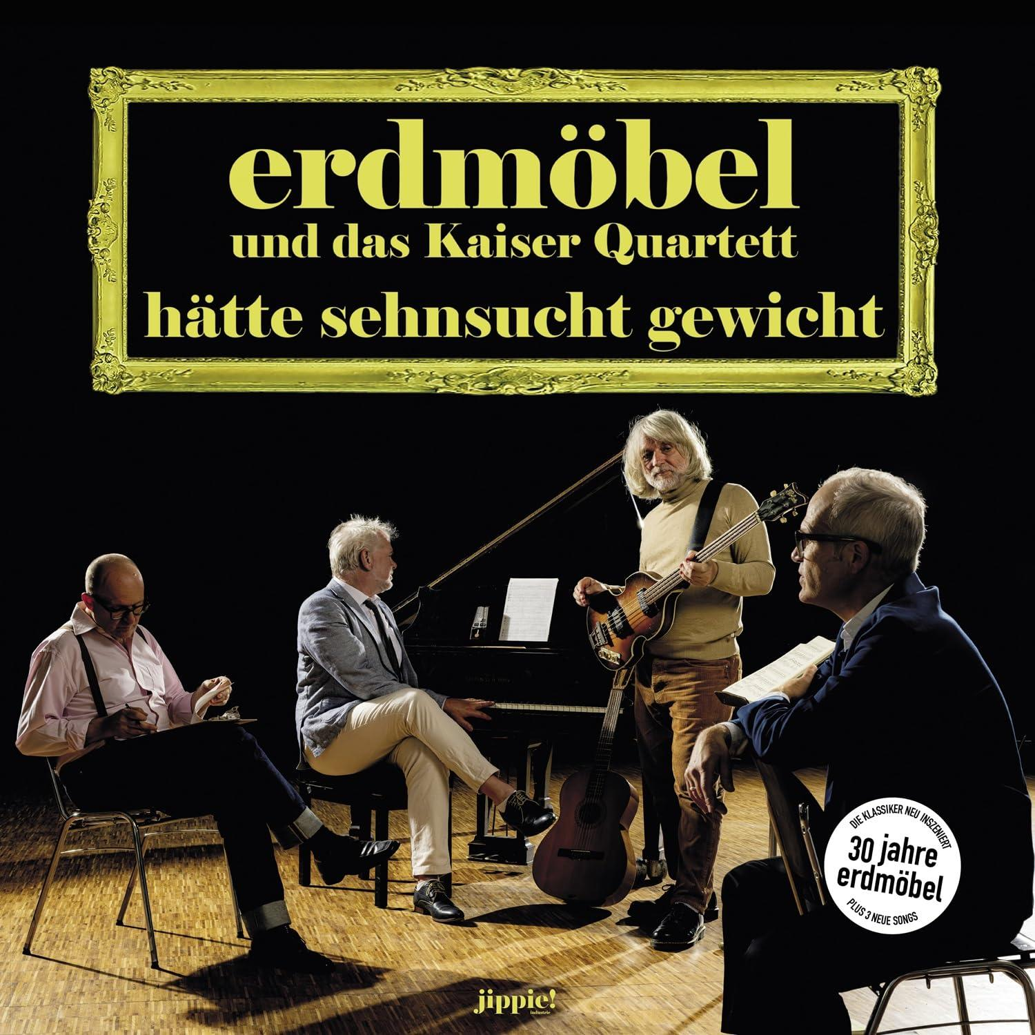 Vier Männer spielen Musik vor einem Klavier. Text: 'erdmöbel und das Kaiser Quartett'.