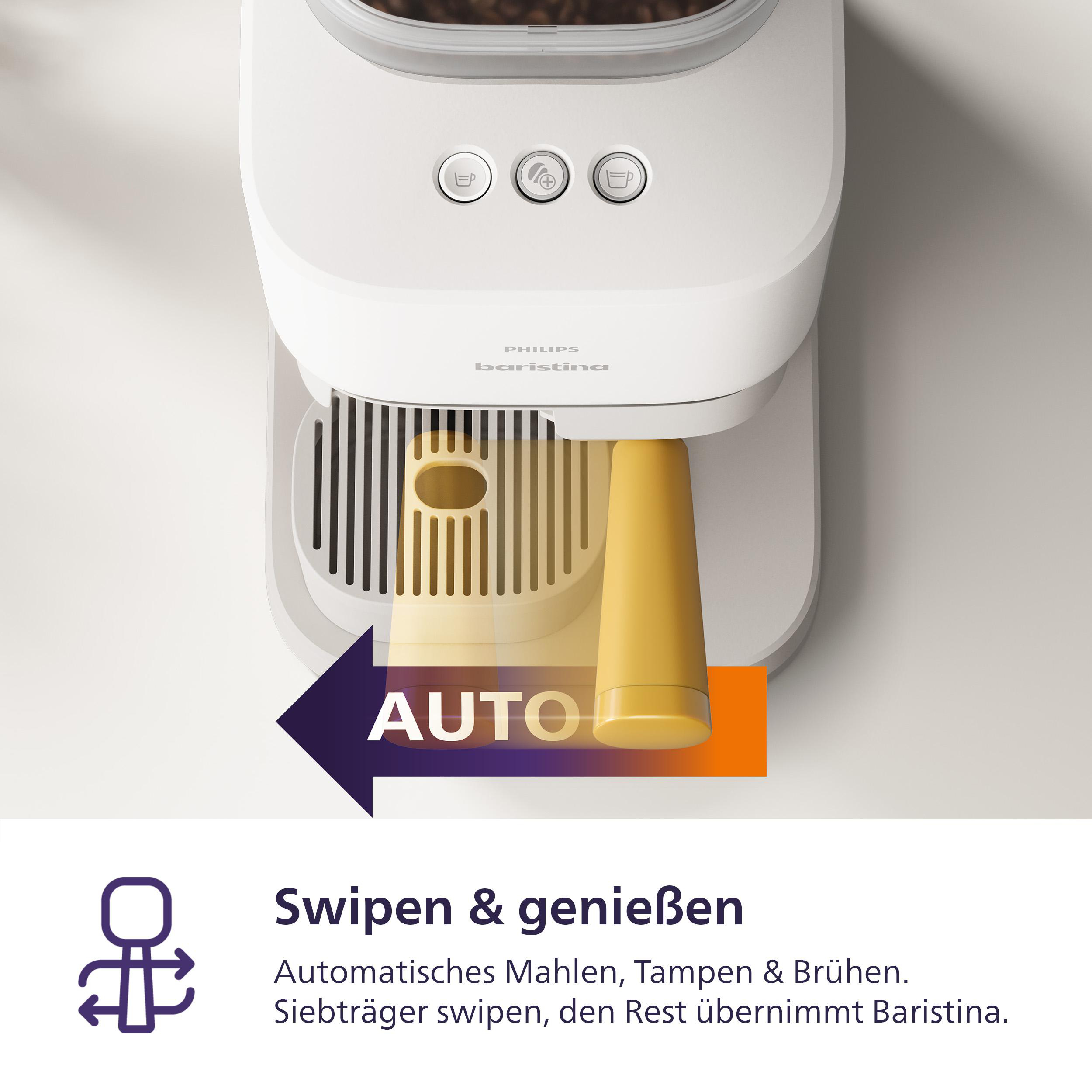 Weiße Kaffeemaschine mit "AUTO"-Schriftzug und Symbolen.