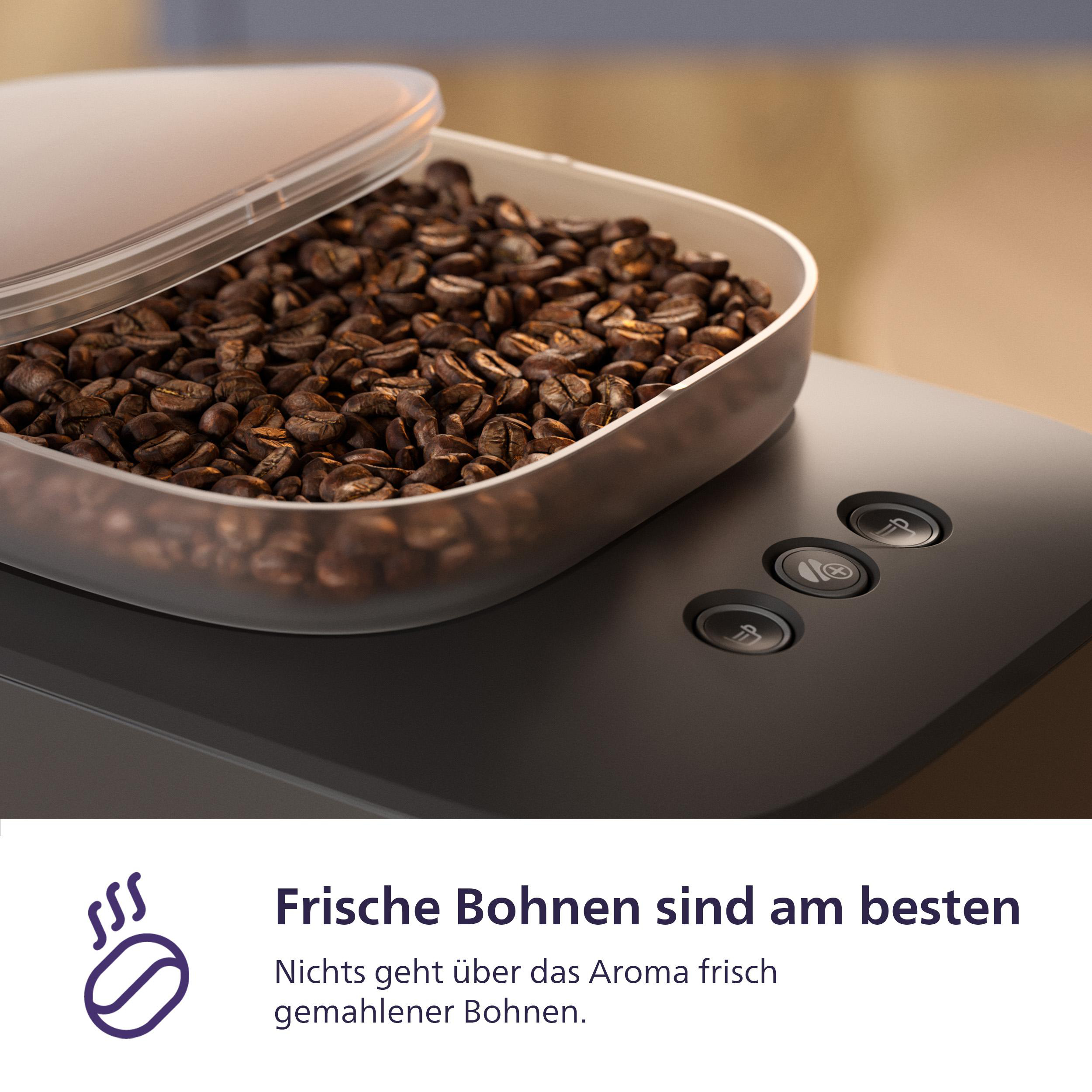 Kaffeemaschine mit Bohnenbehälter und Bedienknöpfen.