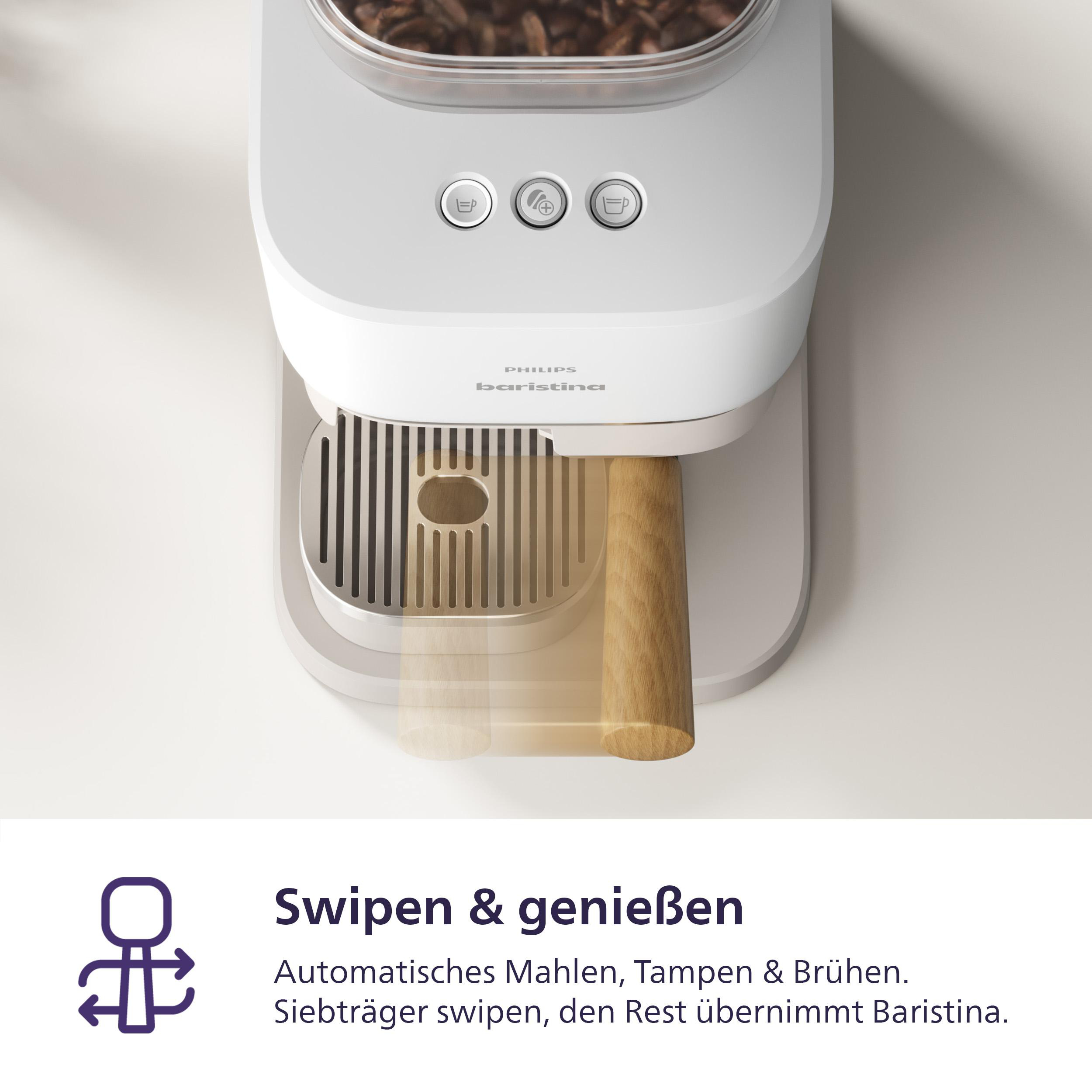 Weiße Philips Baristina Kaffeemaschine mit Bohnenbehälter, Tasten und Holzgriff.