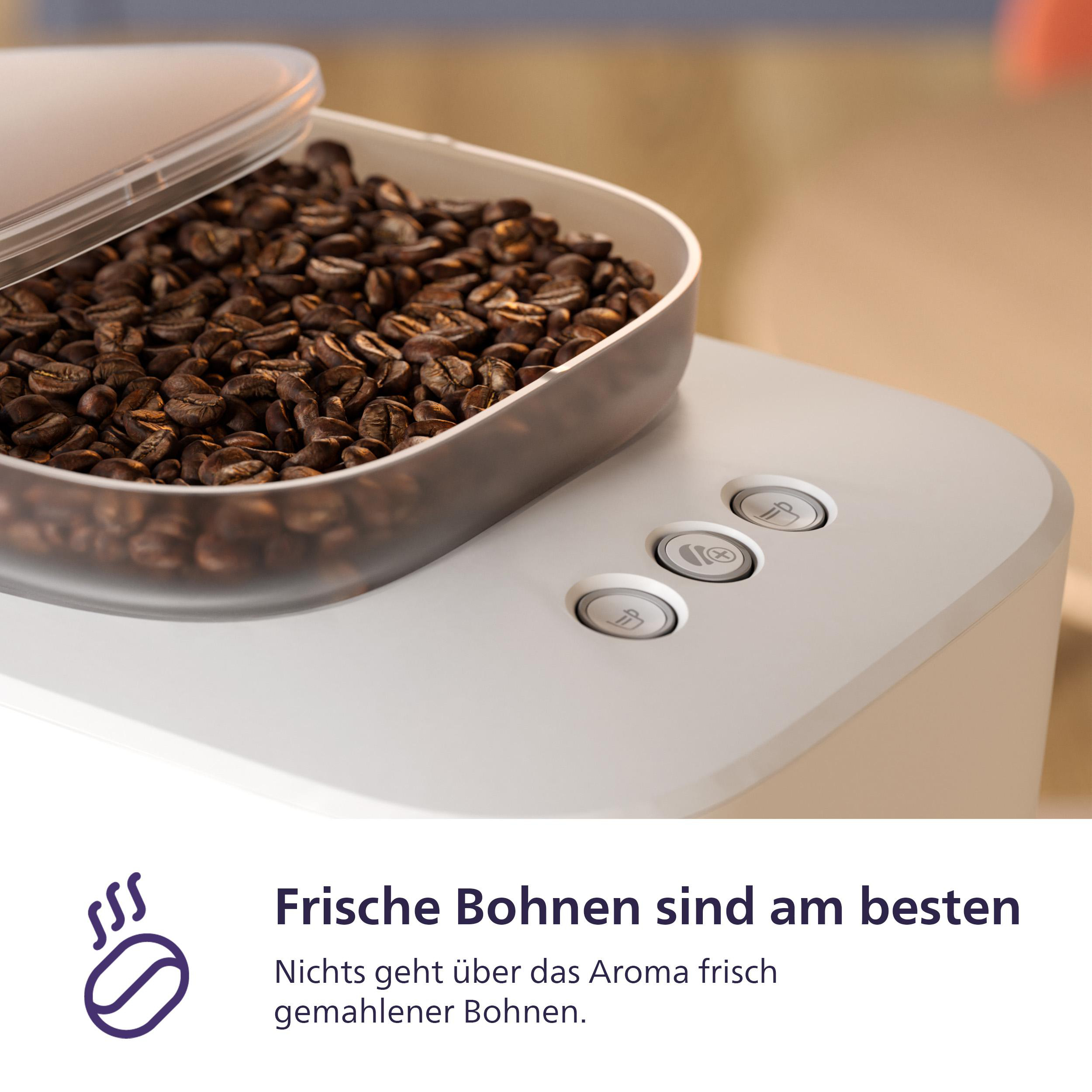Kaffeebohnenbehälter mit Tasten und einem Symbol für heiße Kaffeebohnen.