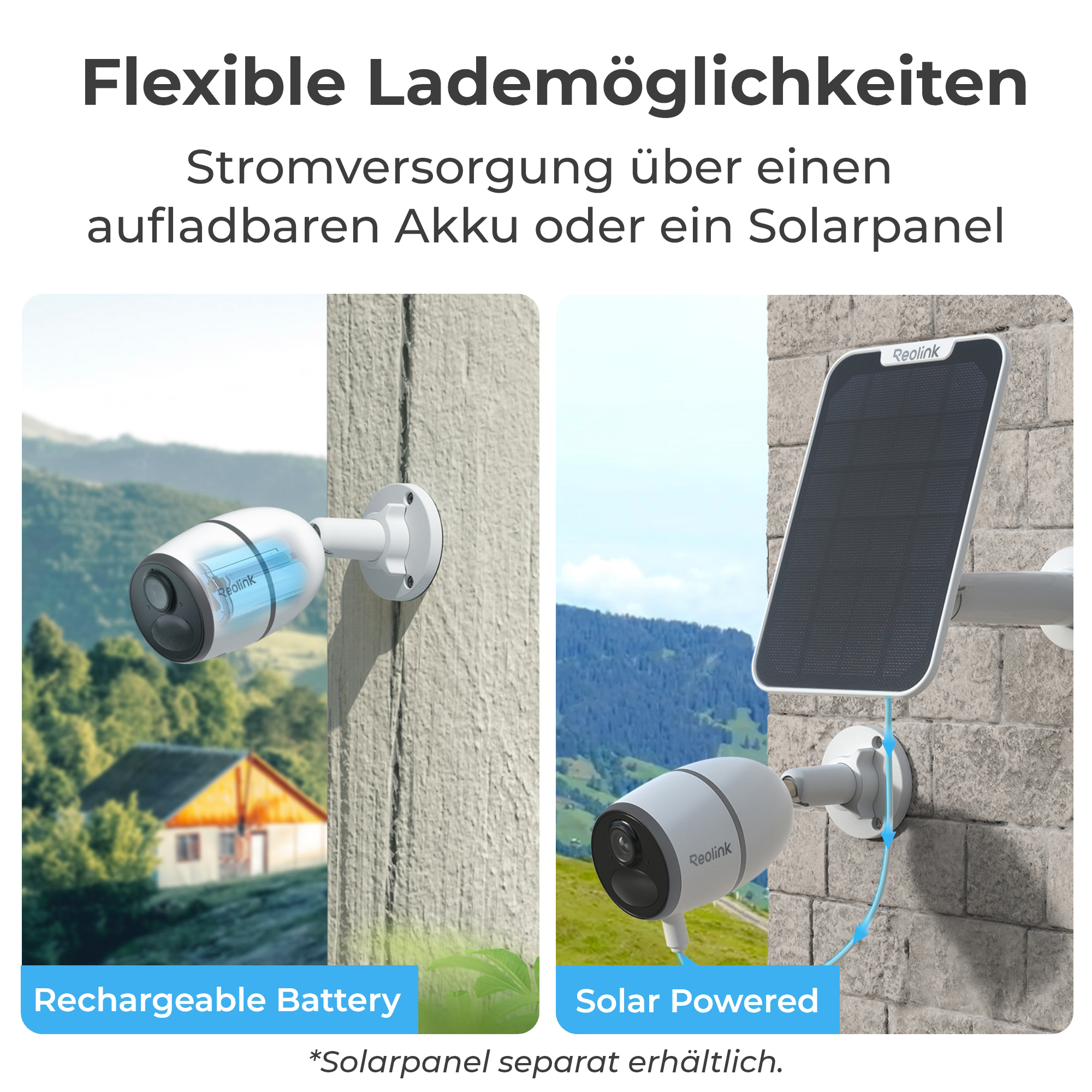 Zwei Reolink Kameras: eine mit Akku, eine mit Solarpanel.