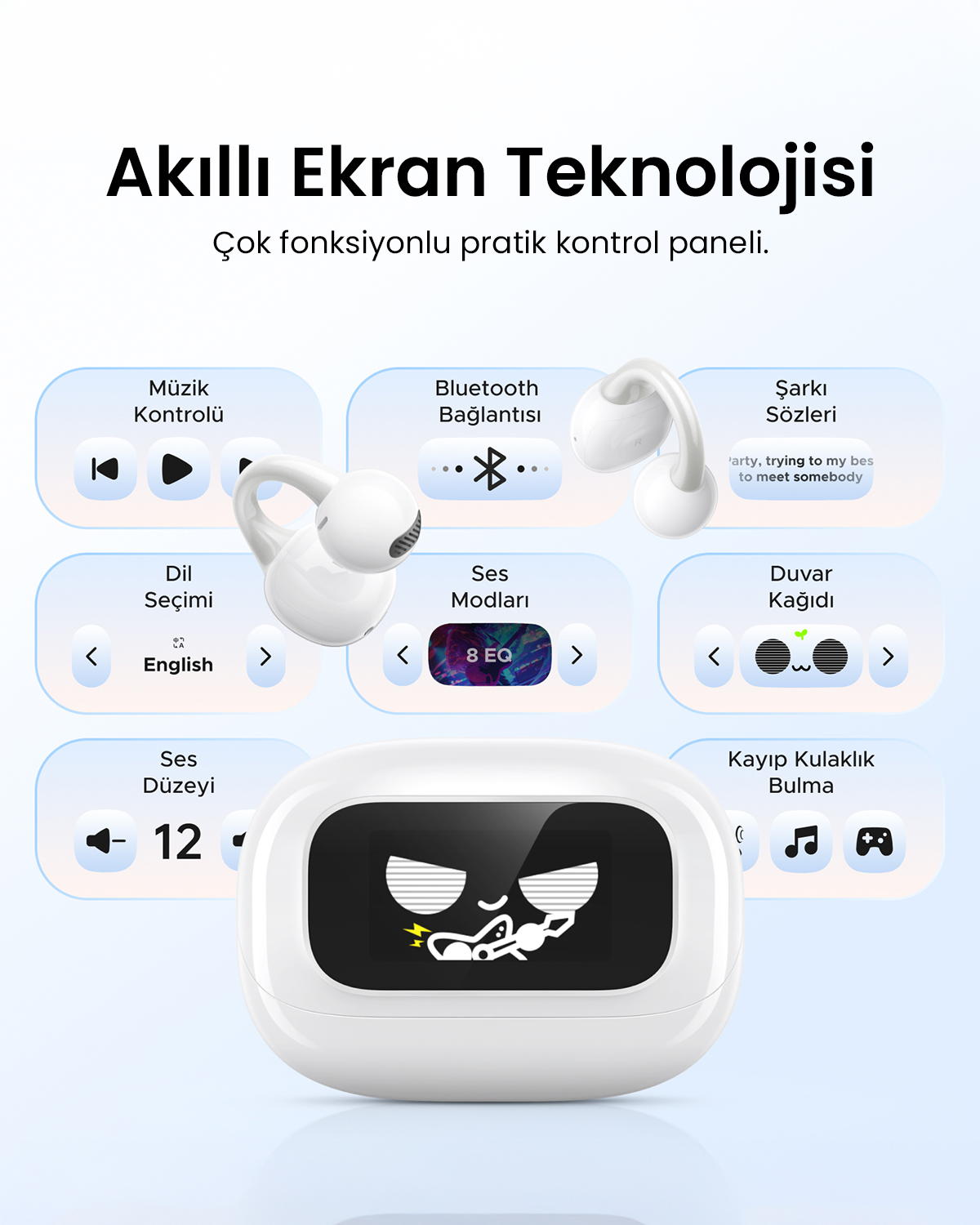 Ekranlı beyaz cihazda müzik, Bluetooth, dil ve EQ simgeleri gösterilir.