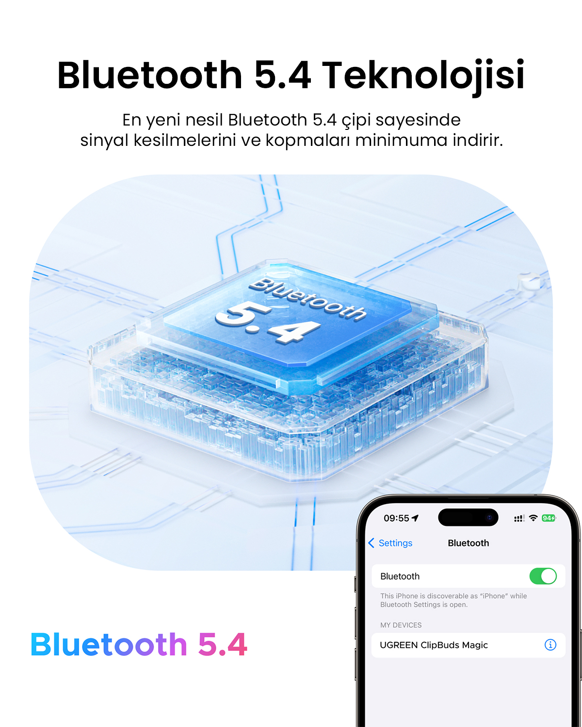 Çip ve iPhone ekranı ile Bluetooth 5.4 teknolojisi illüstrasyonu.