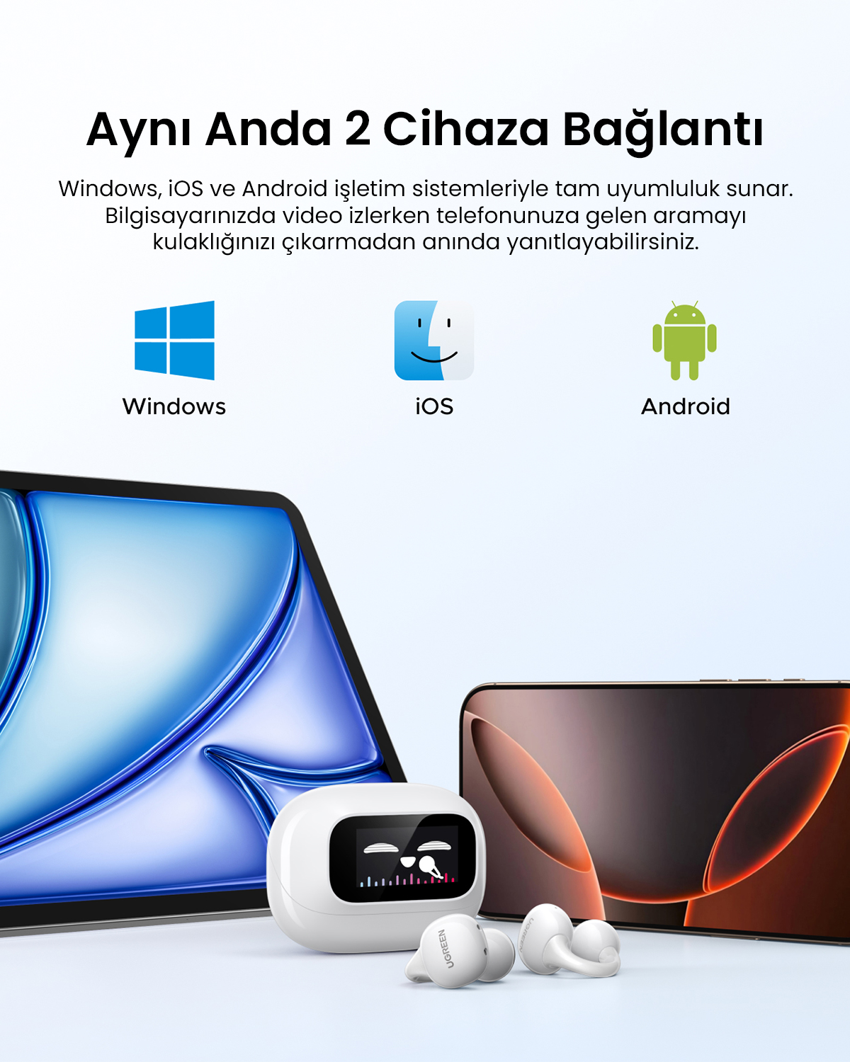 Tablet, akıllı telefon, kulaklık ve şarj kutusu OS logolarıyla.