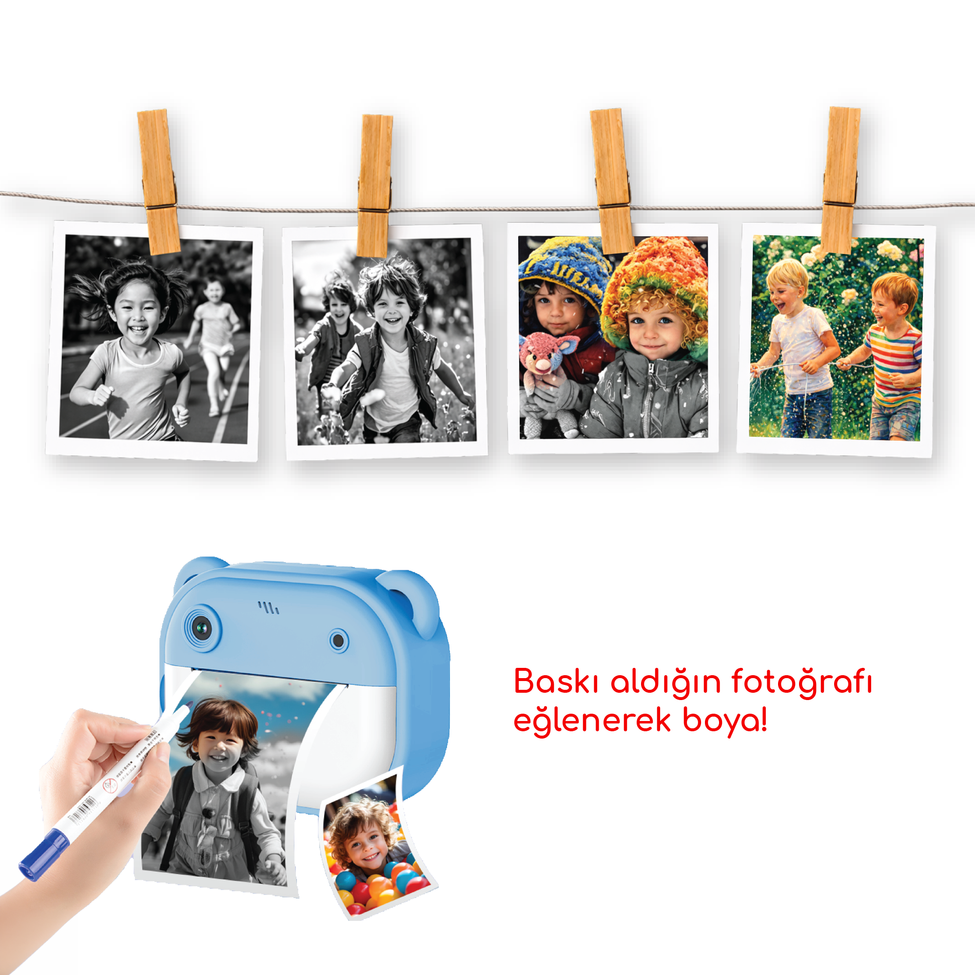Çocukların fotoğraflarının olduğu mavi bir oyuncak yazıcı cihazı, üzerine bir kalem tutuluyor.