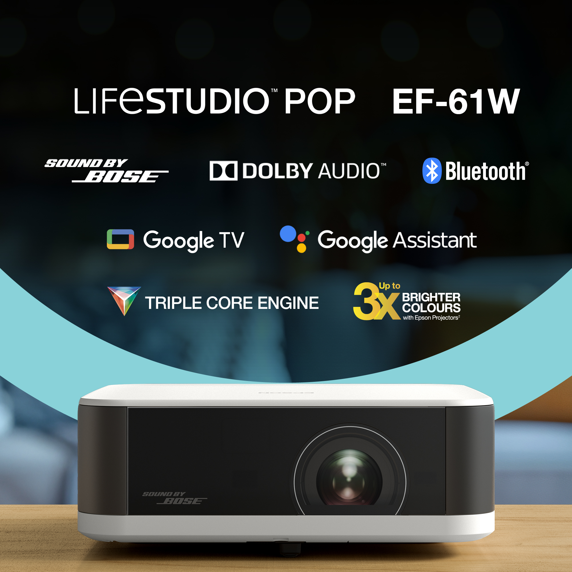 Bose sesli, Dolby Audio'lu, Google TV'li beyaz ve siyah projektör, daha parlak renkler.
