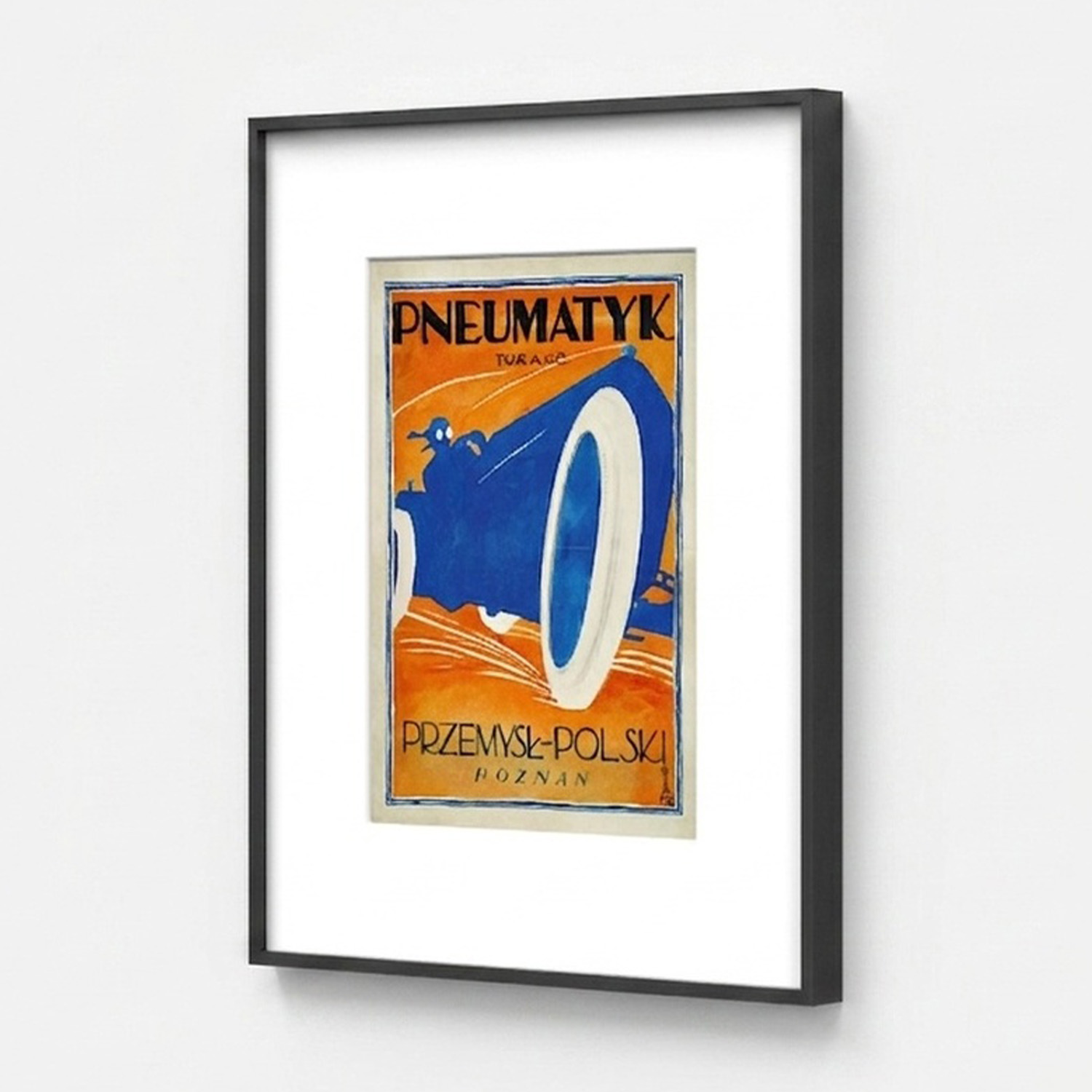 Un poster con una macchina da corsa blu su sfondo arancione.