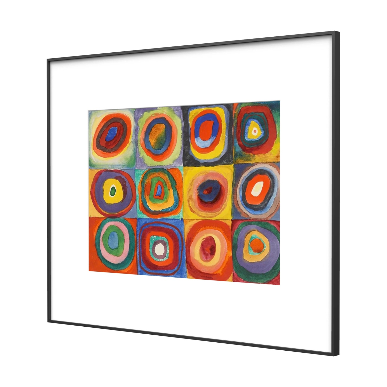 Opera d'arte incorniciata di 12 quadrati, ognuno con cerchi concentrici e colori vivaci.