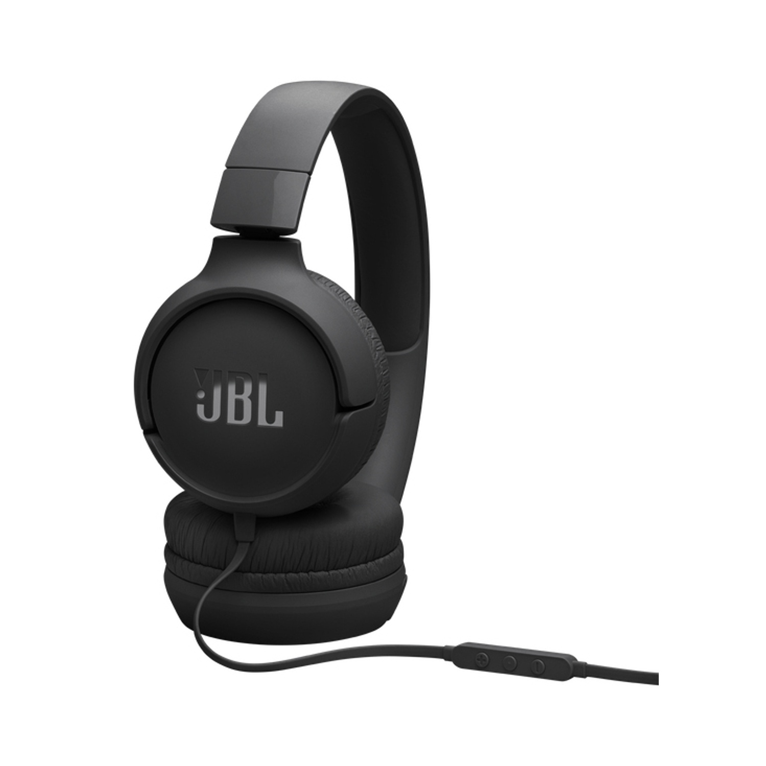 Cuffie JBL nere con padiglioni imbottiti e controlli sul cavo.