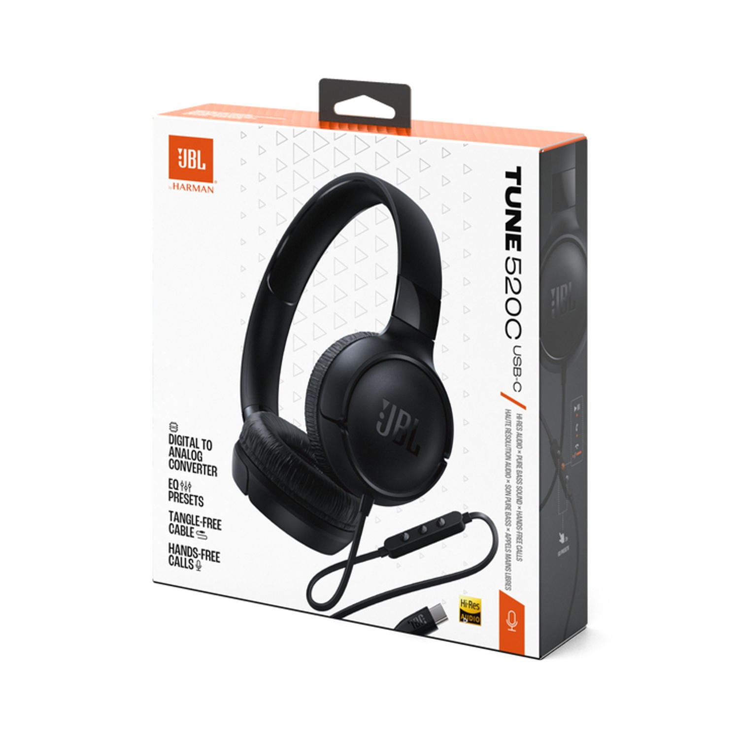 Cuffie JBL TUNE 520C nere su scatola bianca con caratteristiche prodotto.