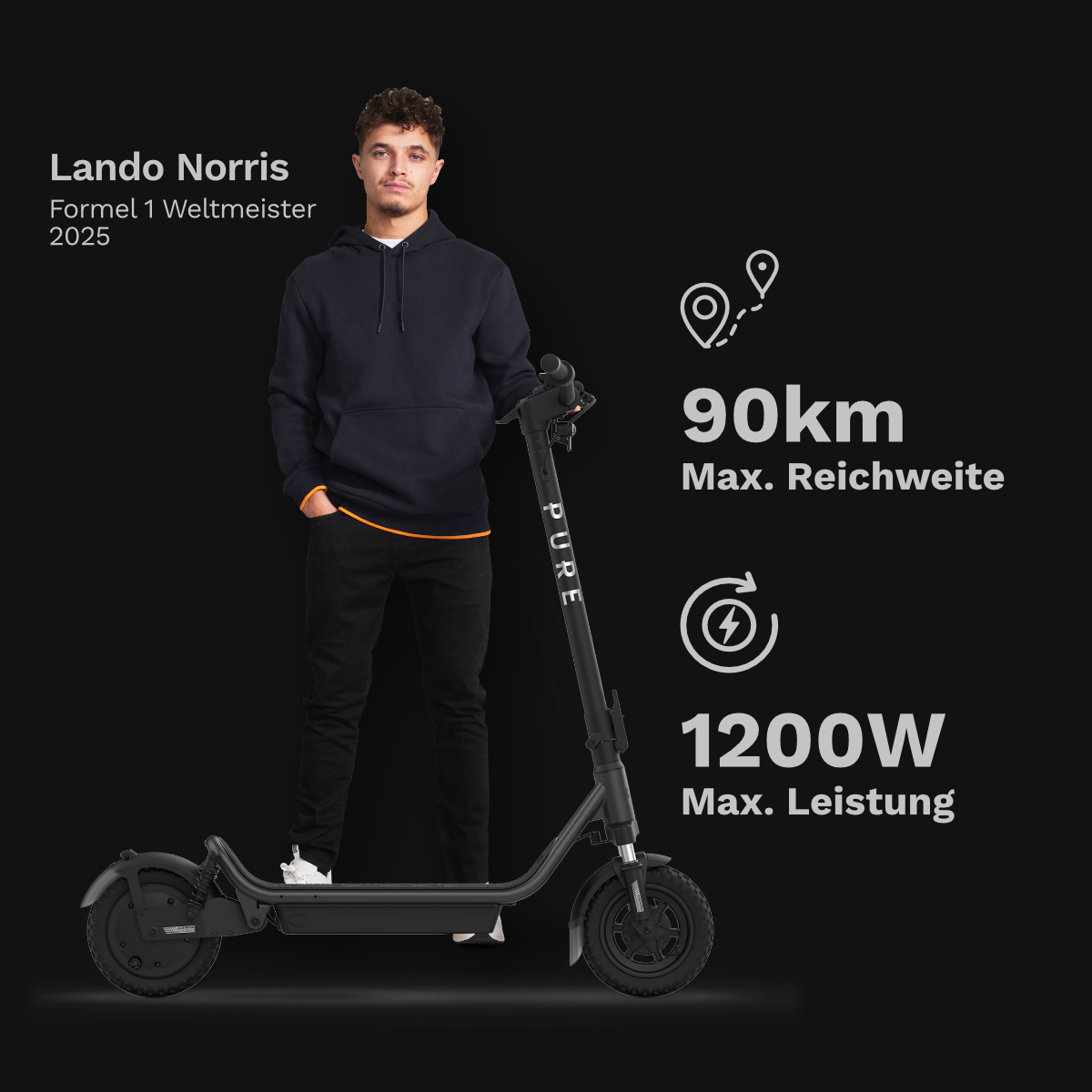 Lando Norris steht neben einem E-Scooter mit 90km Reichweite und 1200W Leistung.