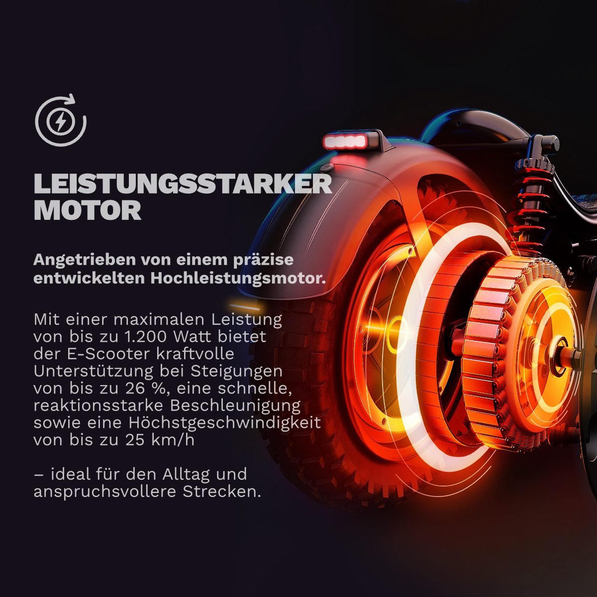 Nahaufnahme des Motors eines E-Scooters, mit Text über Leistung.