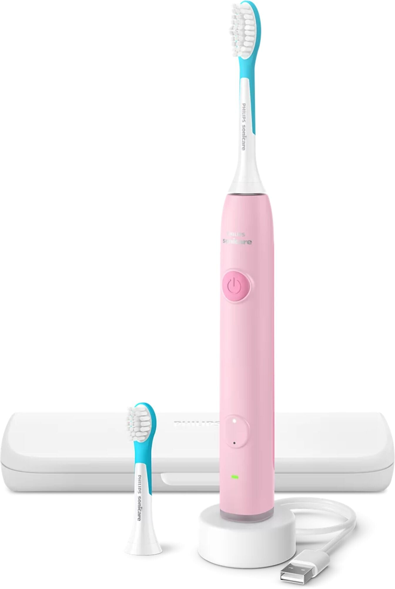 Różowa szczoteczka soniczna Philips Sonicare ze stacją ładującą, zapasową główką i etui podróżnym.