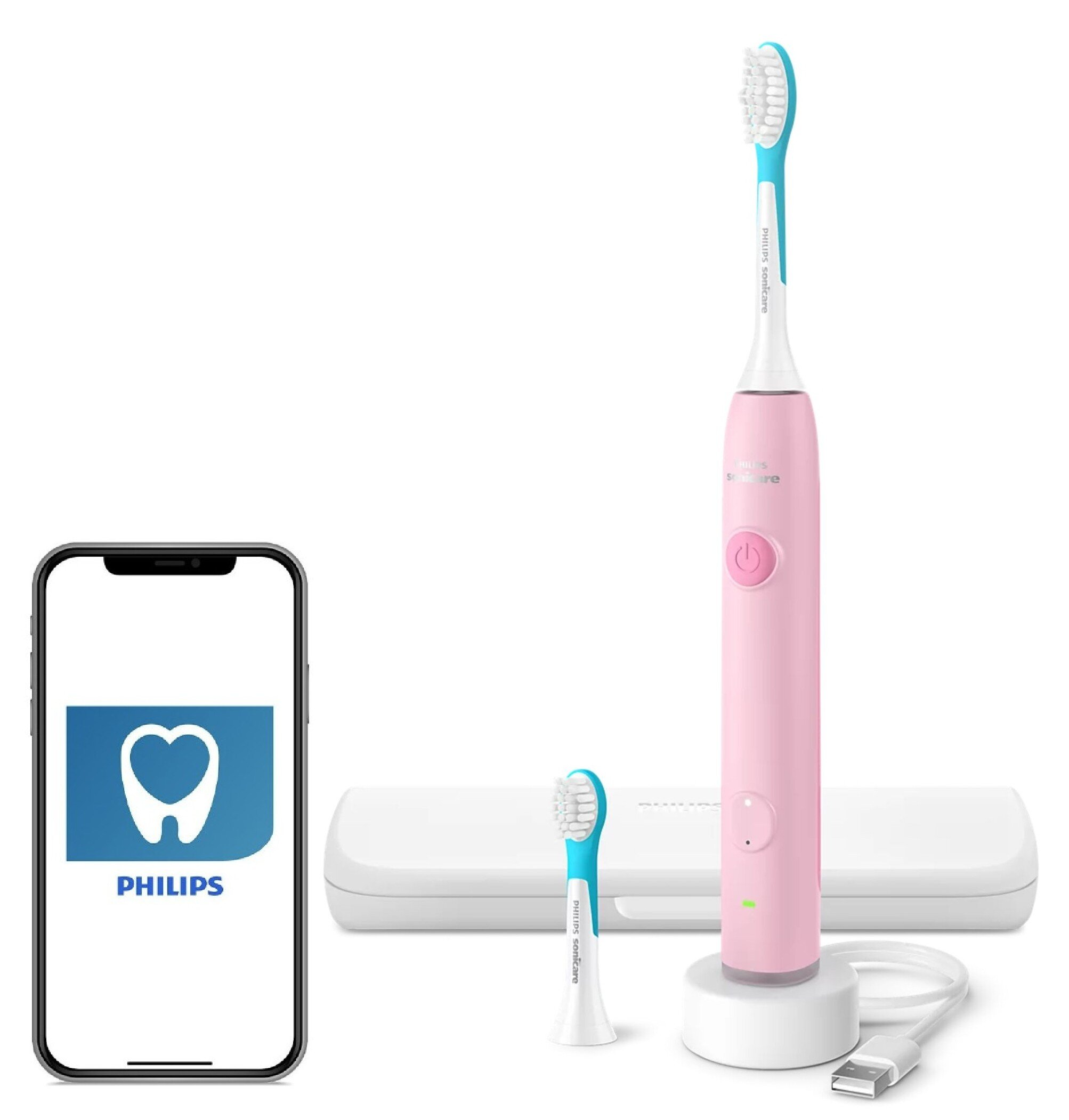 Różowy zestaw szczoteczki Philips Sonicare z bazą ładującą i telefonem.