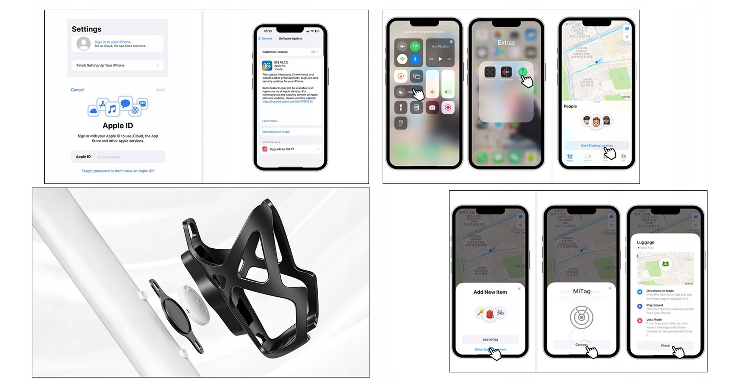 Zrzuty ekranu ustawień iPhone'a, aktualizacji oprogramowania, centrum sterowania, map i akcesoriów.