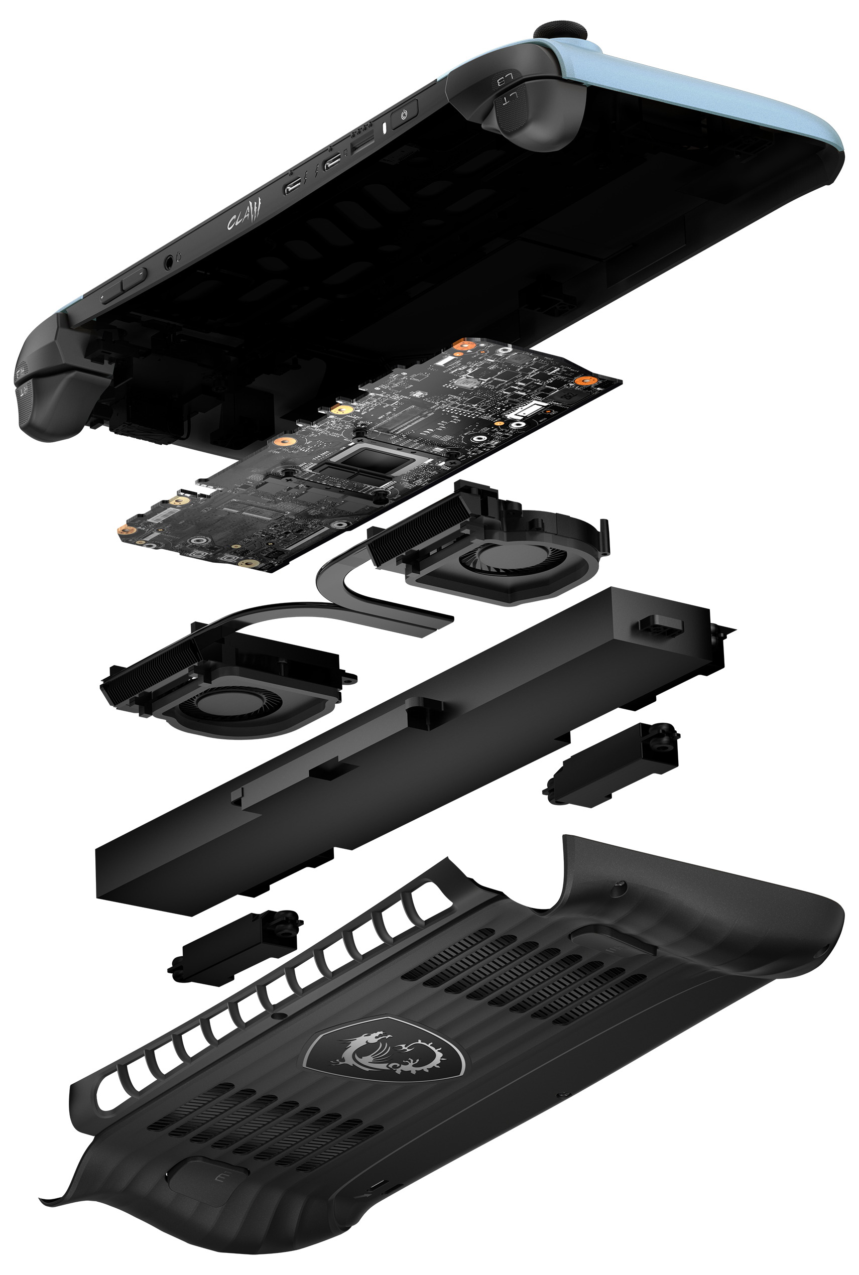 Explodierte Ansicht eines Gaming-Handhelds mit Leiterplatte, Lüftern und Gehäuseteilen.