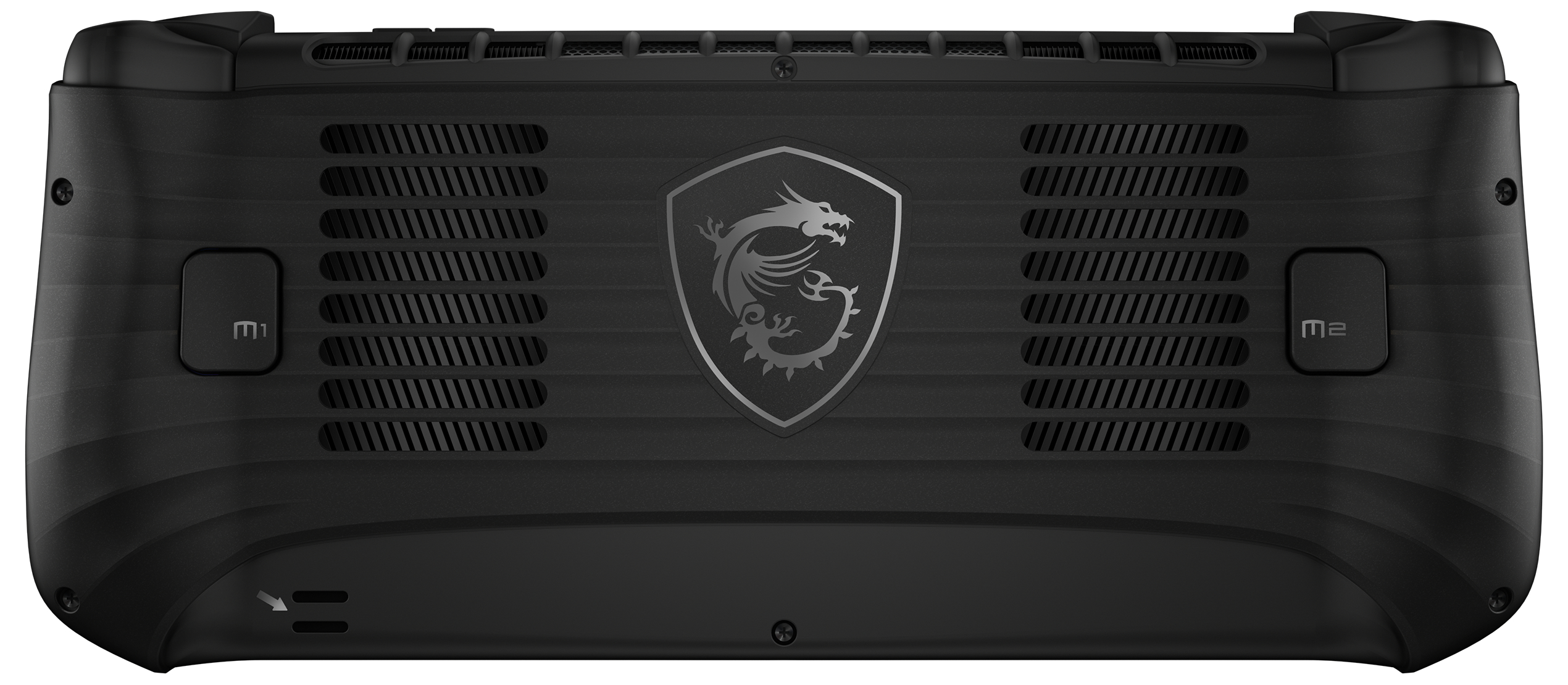 Schwarzes Handheld-Gerät mit MSI-Drachenlogo und Lüftungsschlitzen.