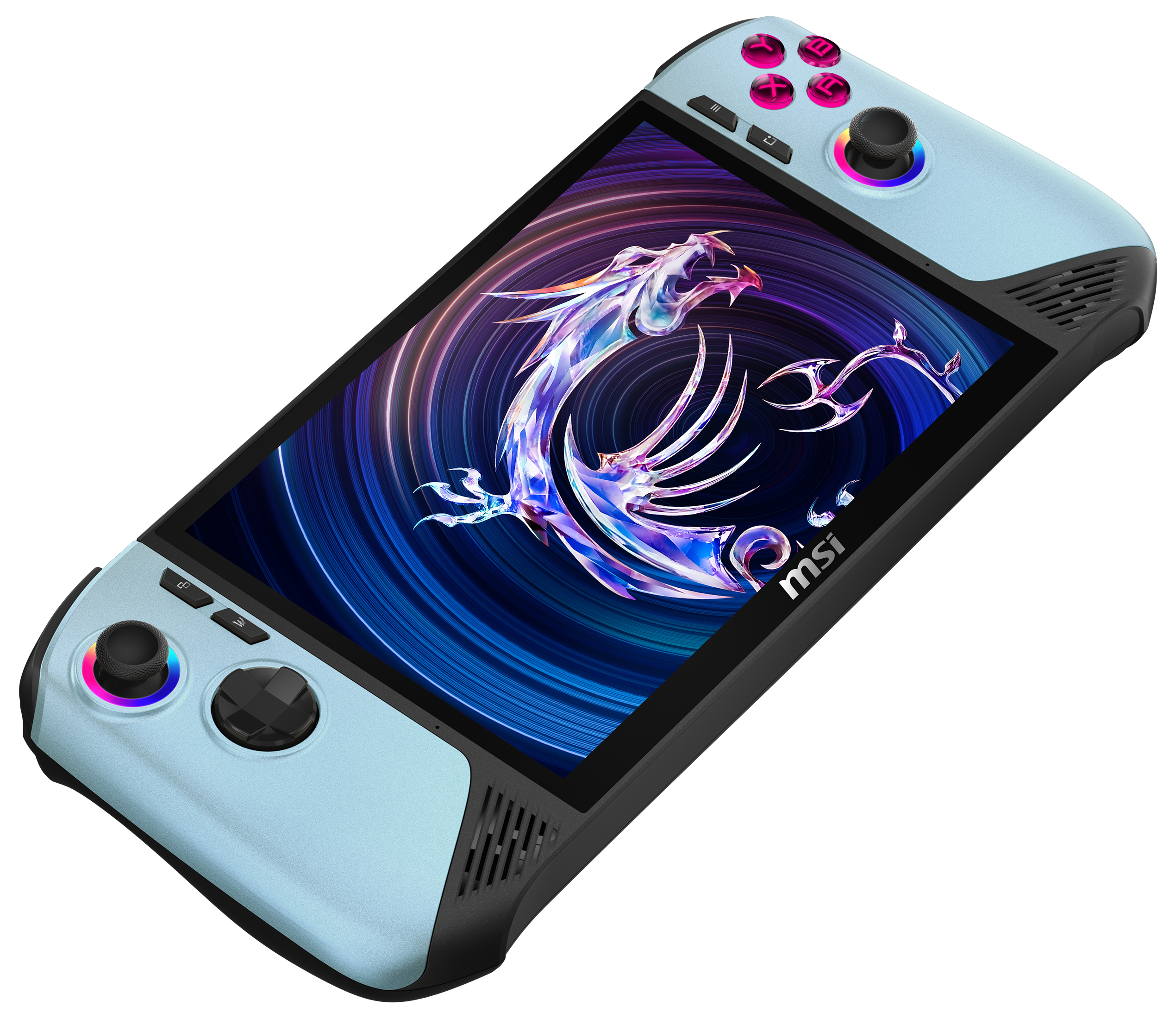 Ein hellblaues Handheld-Gerät mit einem Drachenlogo auf dem Bildschirm.
