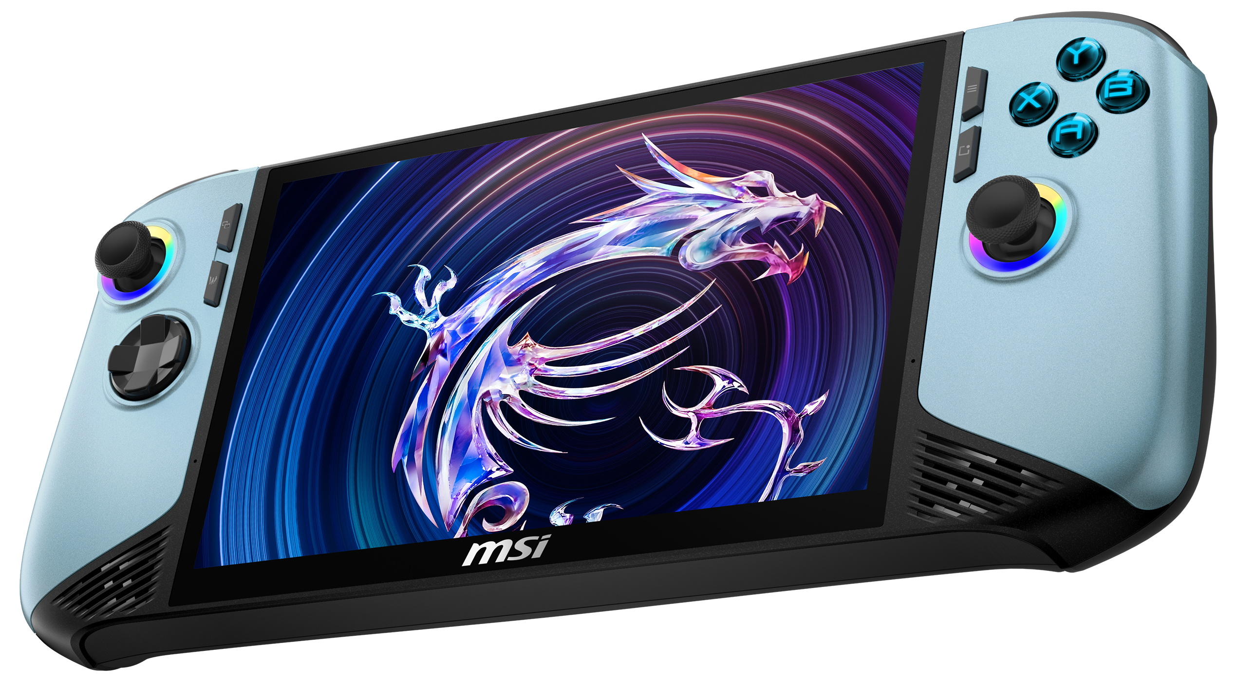 Ein hellblaues Handheld-Gaming-Gerät mit einem Drachen-Wallpaper auf dem Bildschirm.