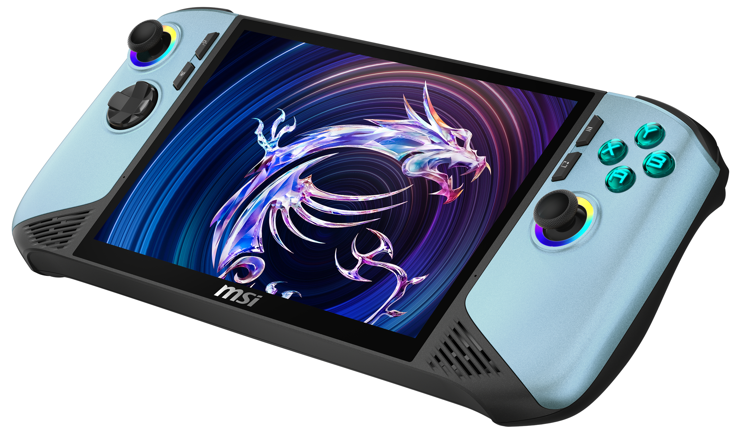 Ein hellblaues Handheld-Gerät mit einem Drachenmotiv auf dem Bildschirm.