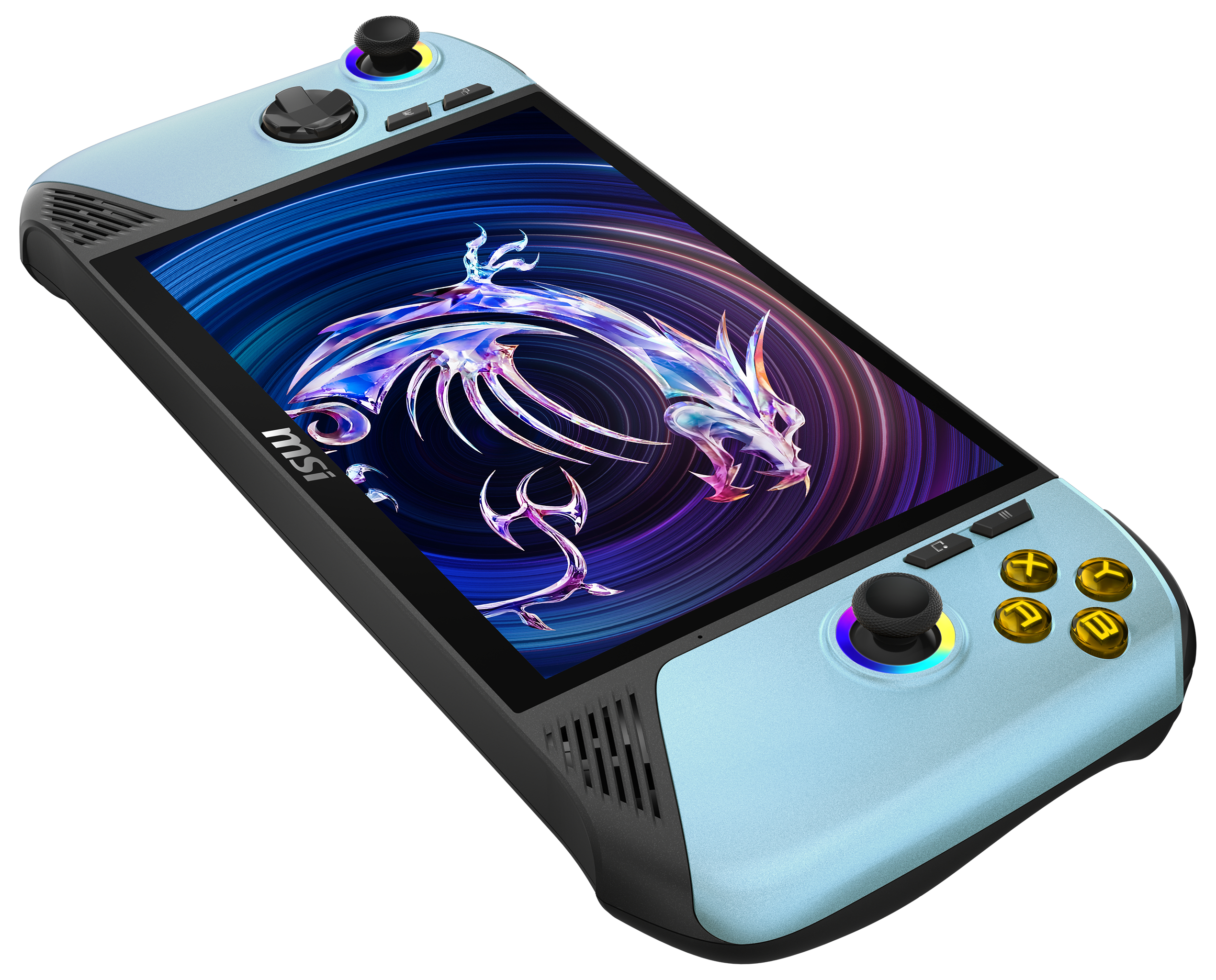Eine hellblaue Handheld-Spielekonsole mit einem digitalen Drachen auf dem Bildschirm.