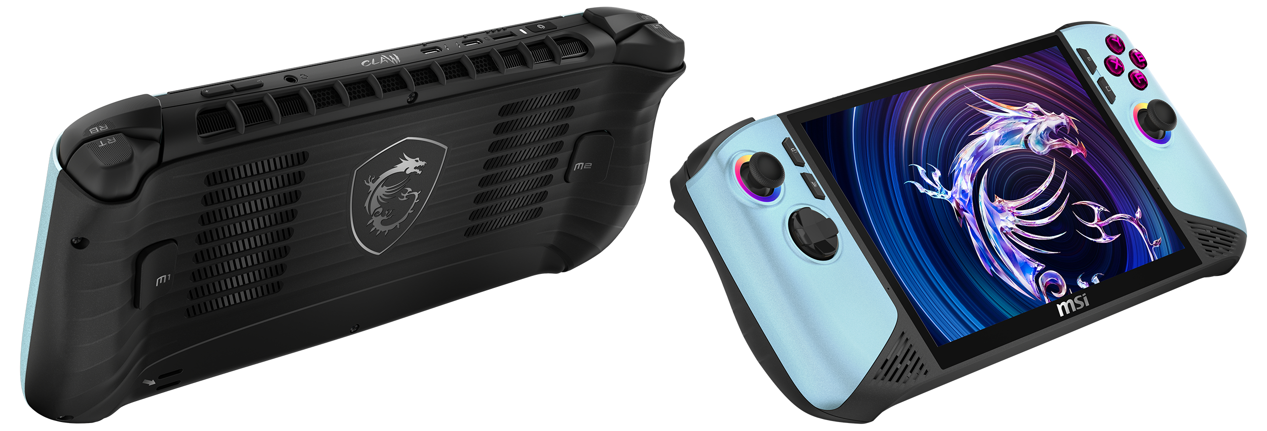 Zwei Gaming-Handhelds: Eines schwarz mit Drachenlogo, eines hellblau mit Drachenhintergrund.