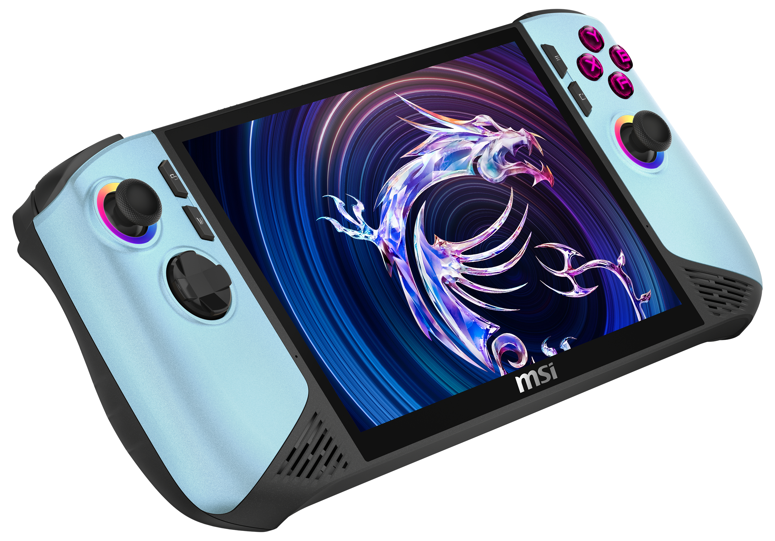 Ein hellblaues Handheld-Gaming-Gerät mit einem Bildschirm, der eine Drachengrafik zeigt.