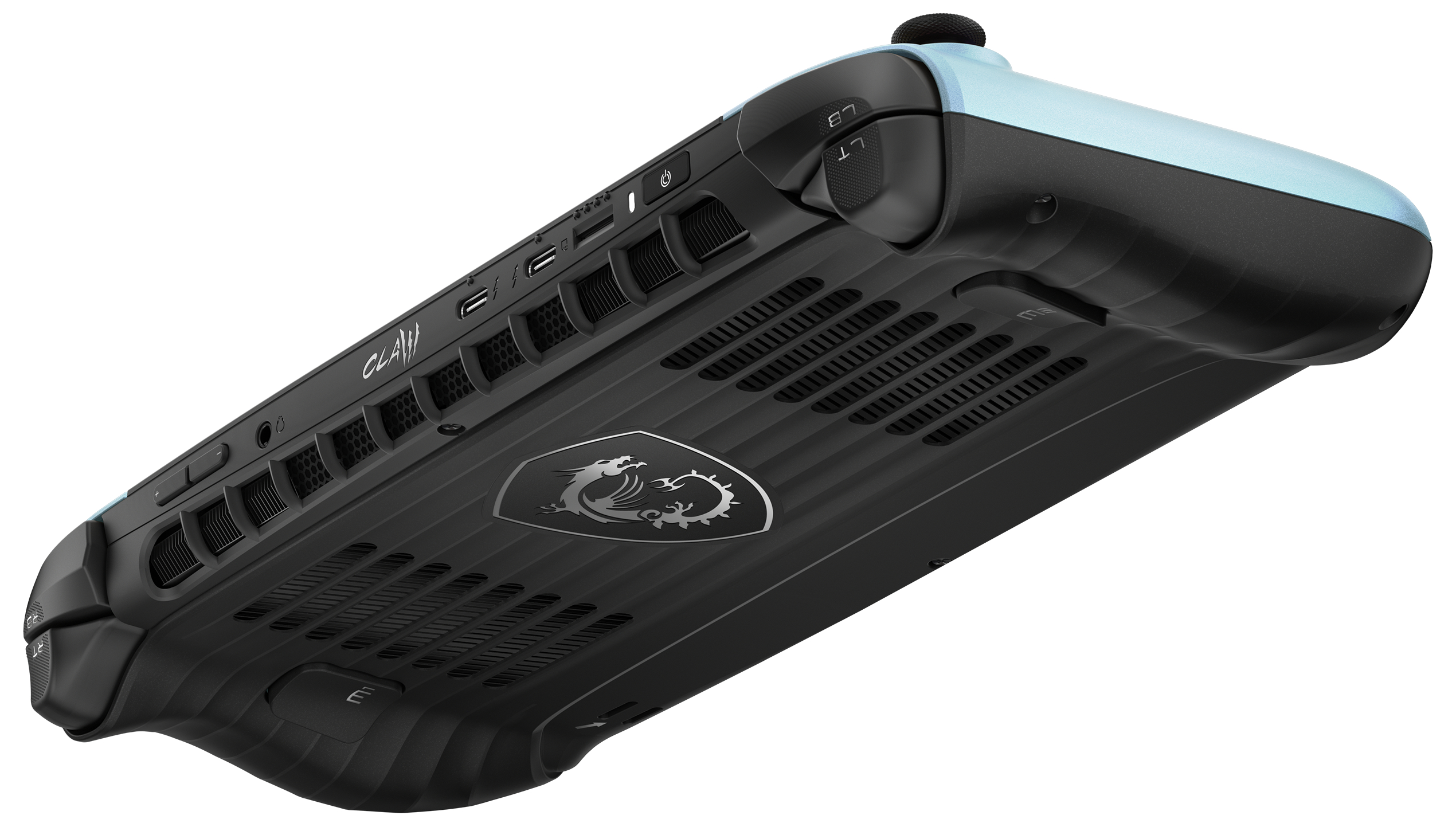 Schwarzer Handheld-PC mit blauem Akzent, Lüftungsschlitzen und Drachenlogo.