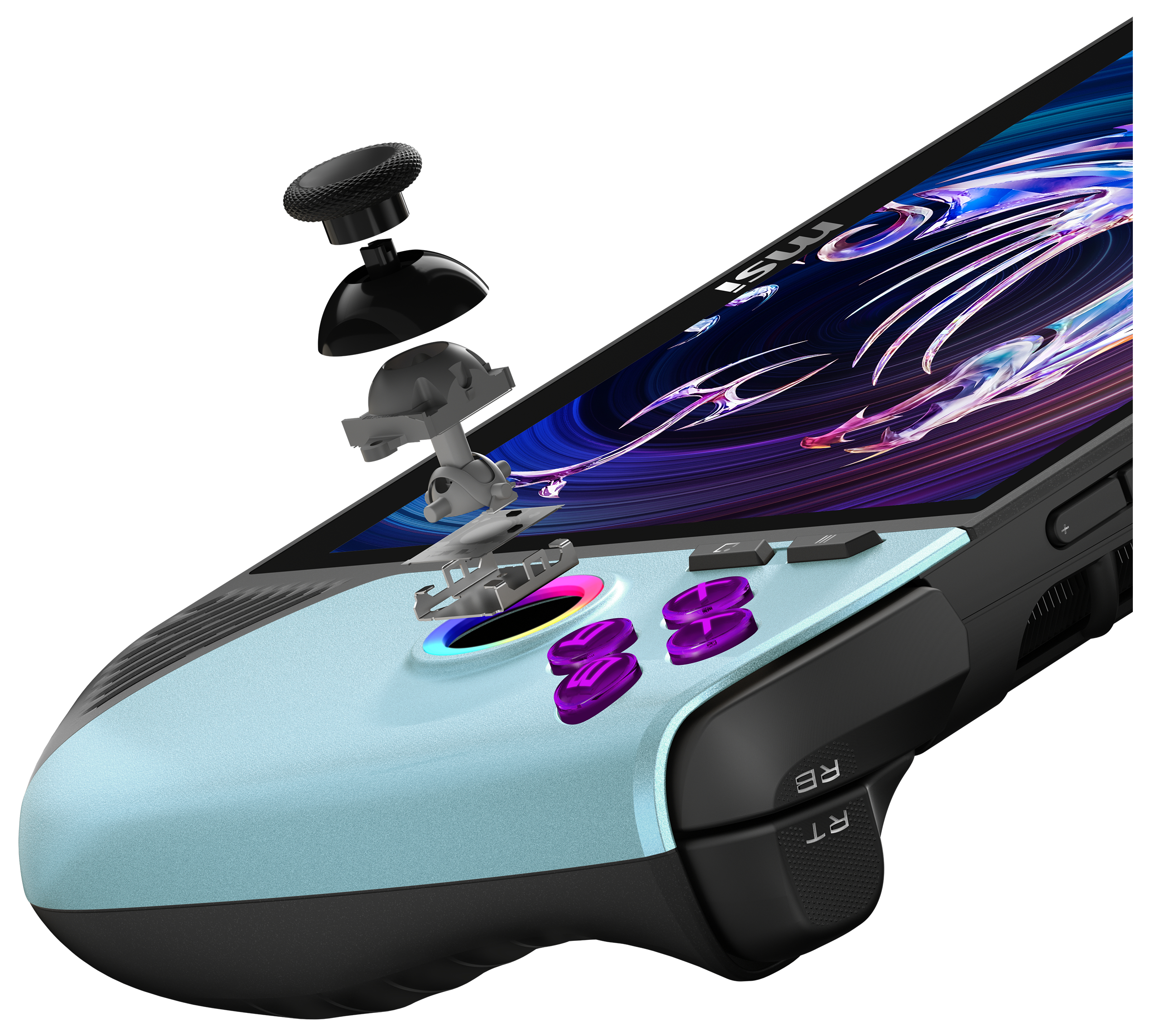 Ein Handheld-Gaming-Gerät mit blauem Gehäuse, lila Knöpfen und abnehmbarem Joystick.