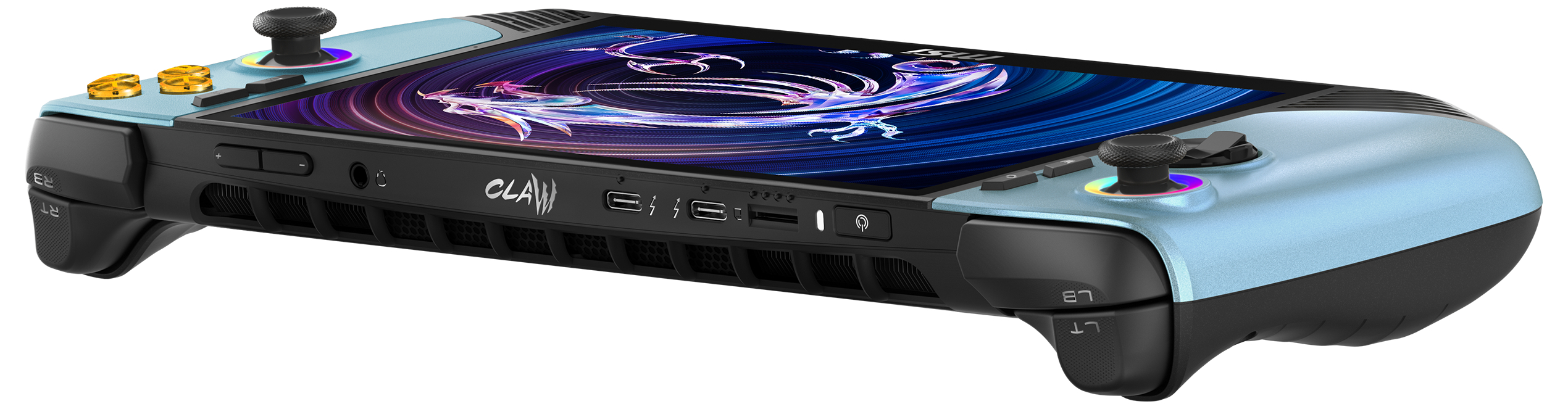 Ein hellblaues MSI Handheld-Gerät mit schwarzen Griffen und einem bunten Bildschirm.