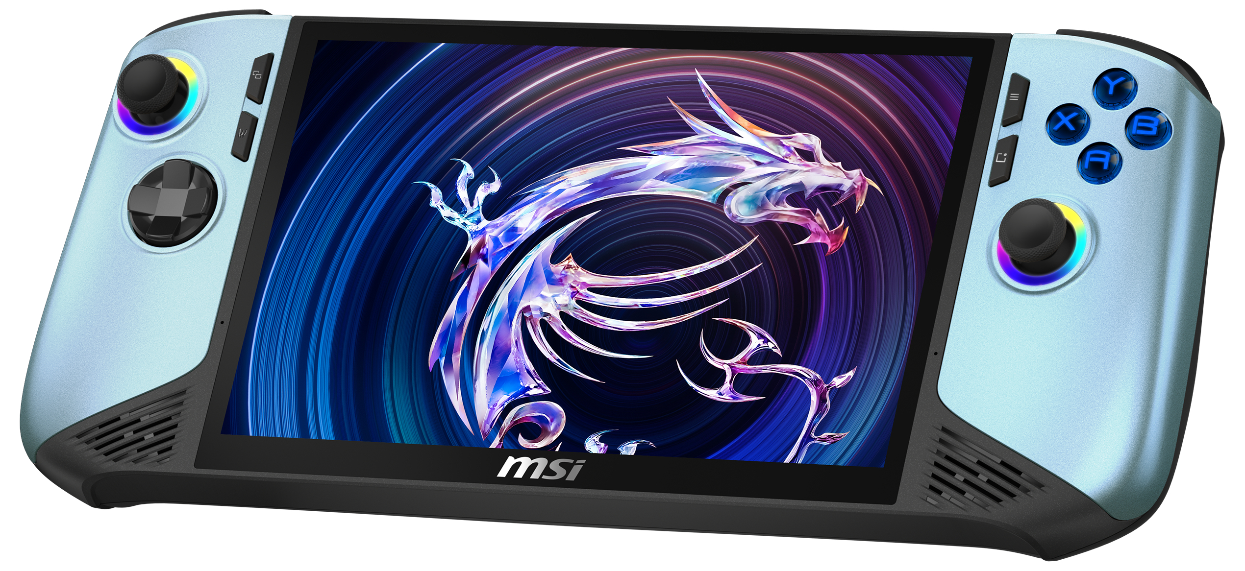 Hellblaues Gaming-Handheld mit Drachen-Hintergrund und RGB-beleuchteten Bedienelementen.