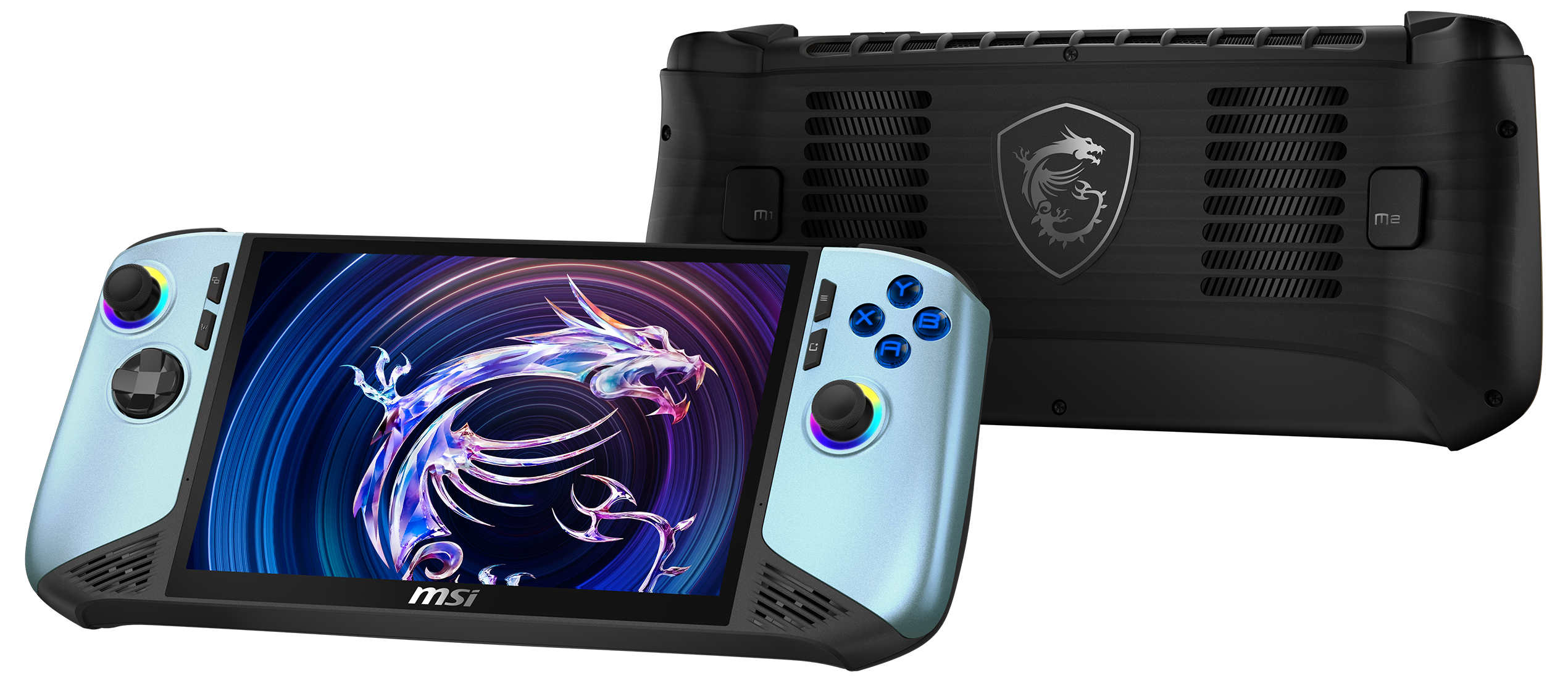 Ein hellblaues Handheld-Gaming-Gerät mit einem Drachen-Wallpaper auf dem Bildschirm.