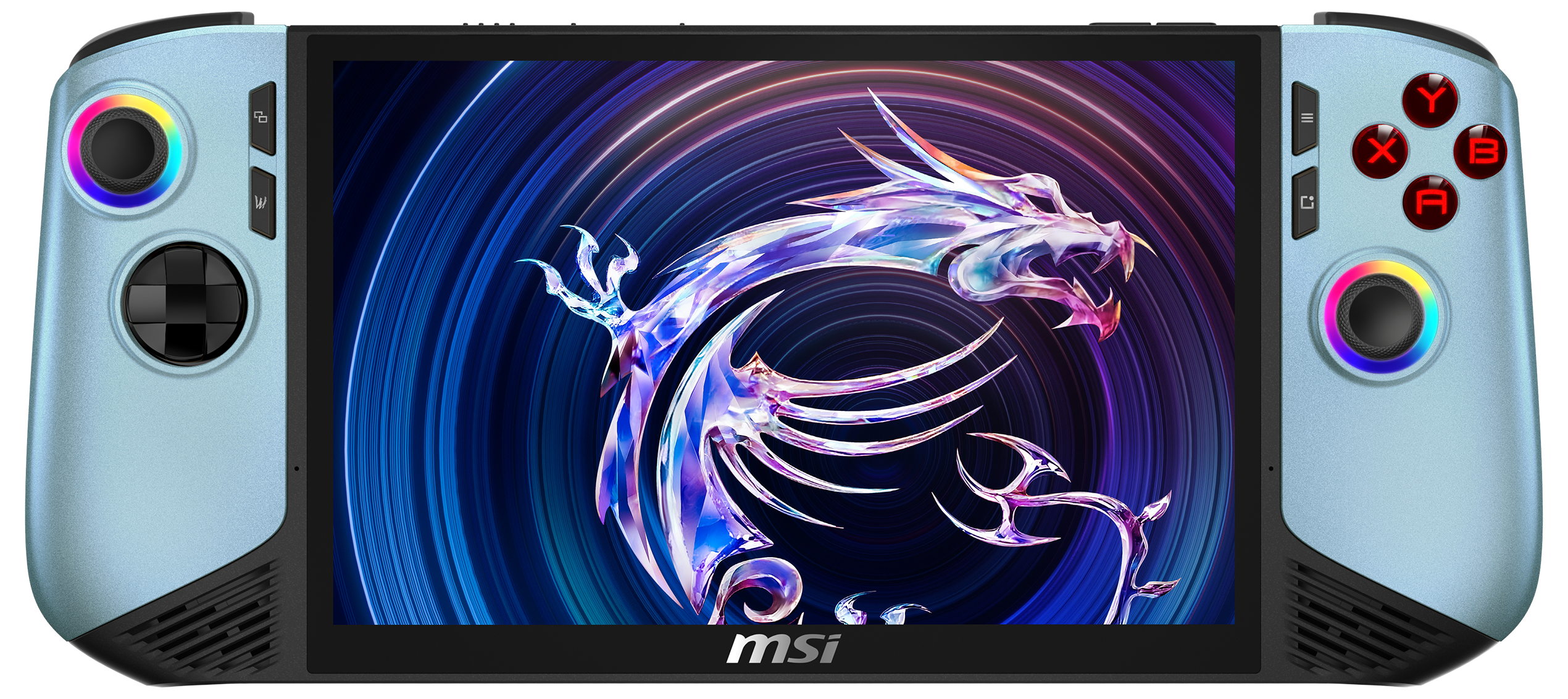 Ein blaues Handheld-Gerät mit einem leuchtenden Drachen auf dem Bildschirm.