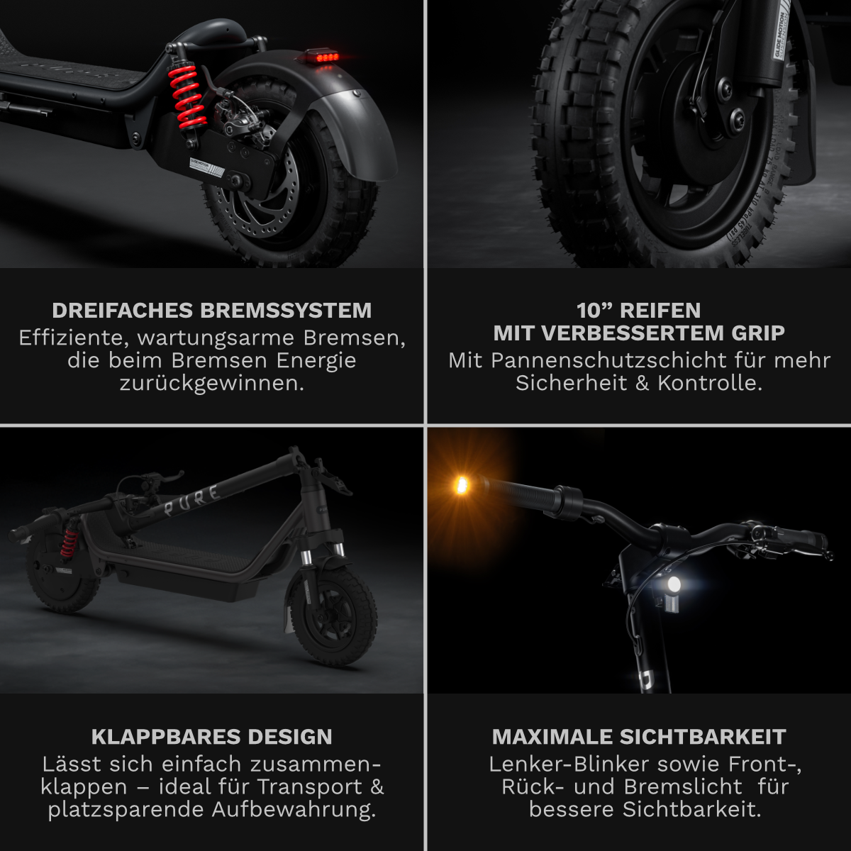 Vier Ausschnitte eines E-Scooters: Bremssystem, Reifen, Klappdesign und Beleuchtung.