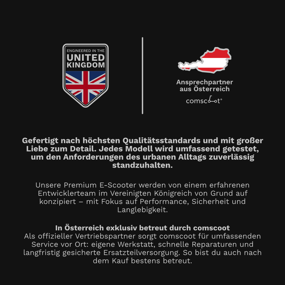 Logo für "Engineered in the UK" und Österreich-Karte. Text über E-Scooter-Qualität.