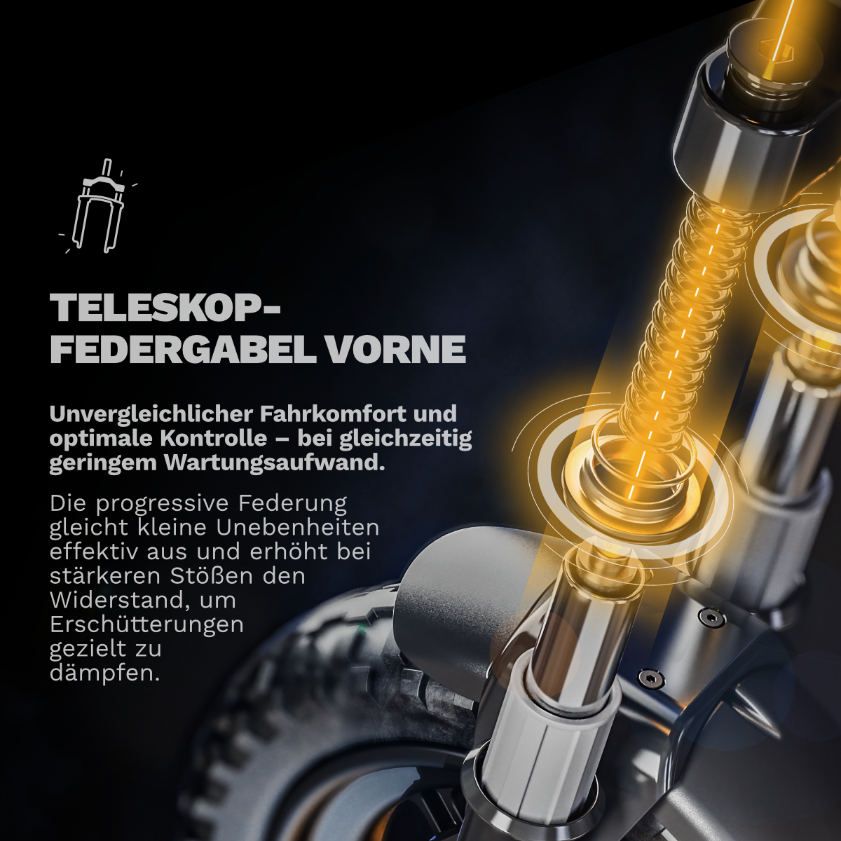 Detailansicht einer Teleskop-Federgabel mit gelben Akzenten und Text.