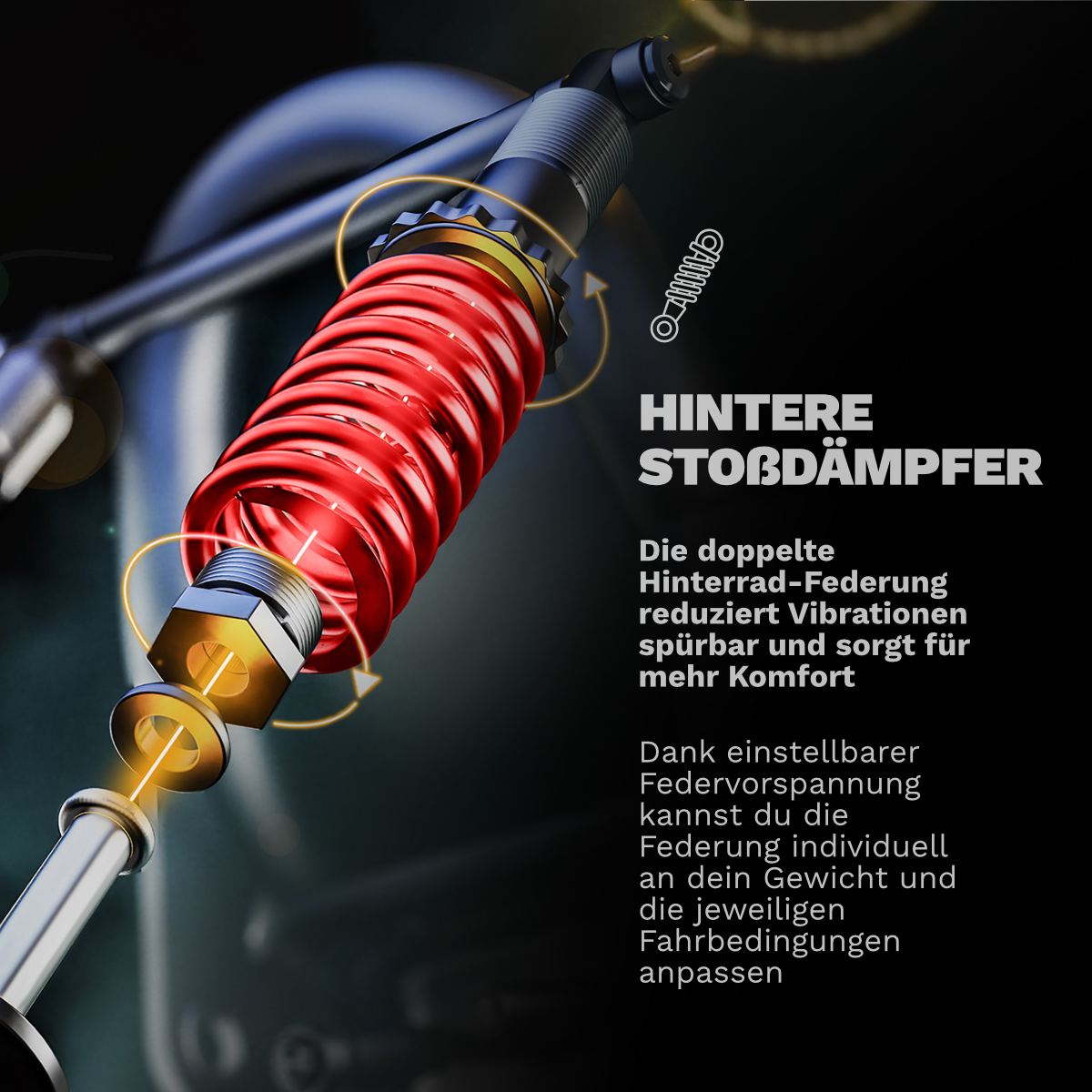 Roter Stoßdämpfer mit Spule, detailliert, mit Text auf Deutsch.