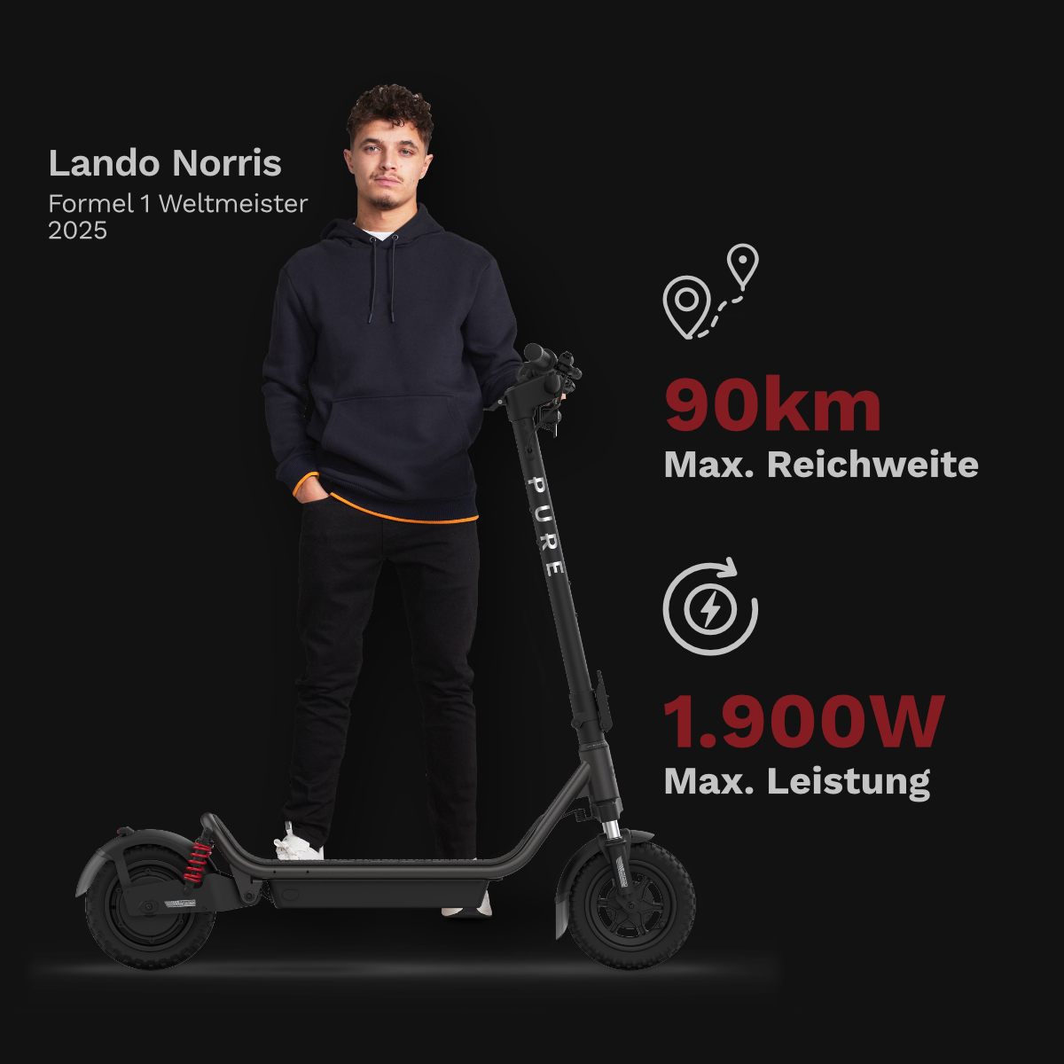 Lando Norris steht neben einem E-Scooter mit Angabe von 90km Reichweite und 1900W Leistung.