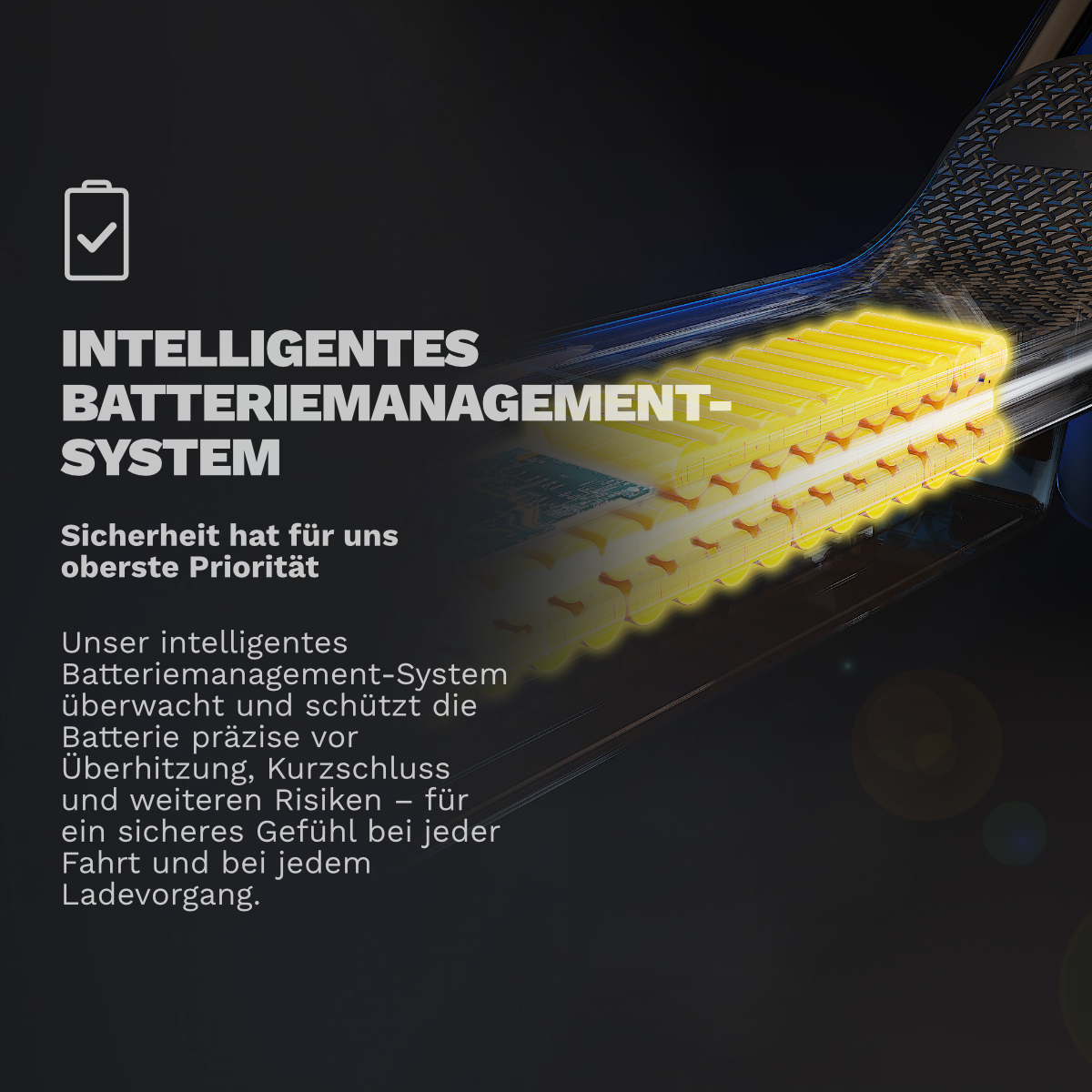 Illustration eines Batteriepacks mit Text über intelligentes Batteriemanagementsystem.