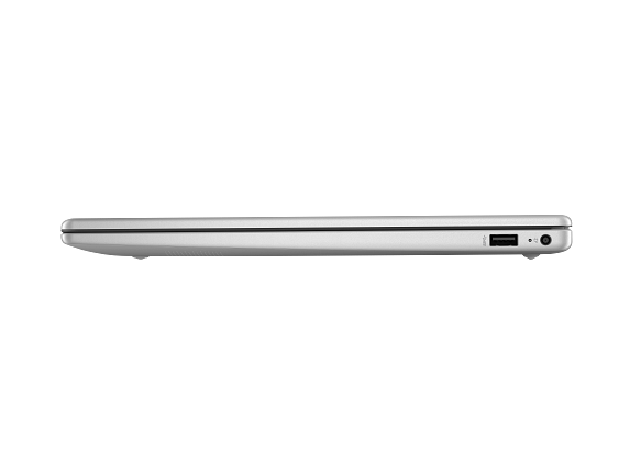 Silbernes Laptop von der Seite mit einem USB-Anschluss und Kopfhöreranschluss.