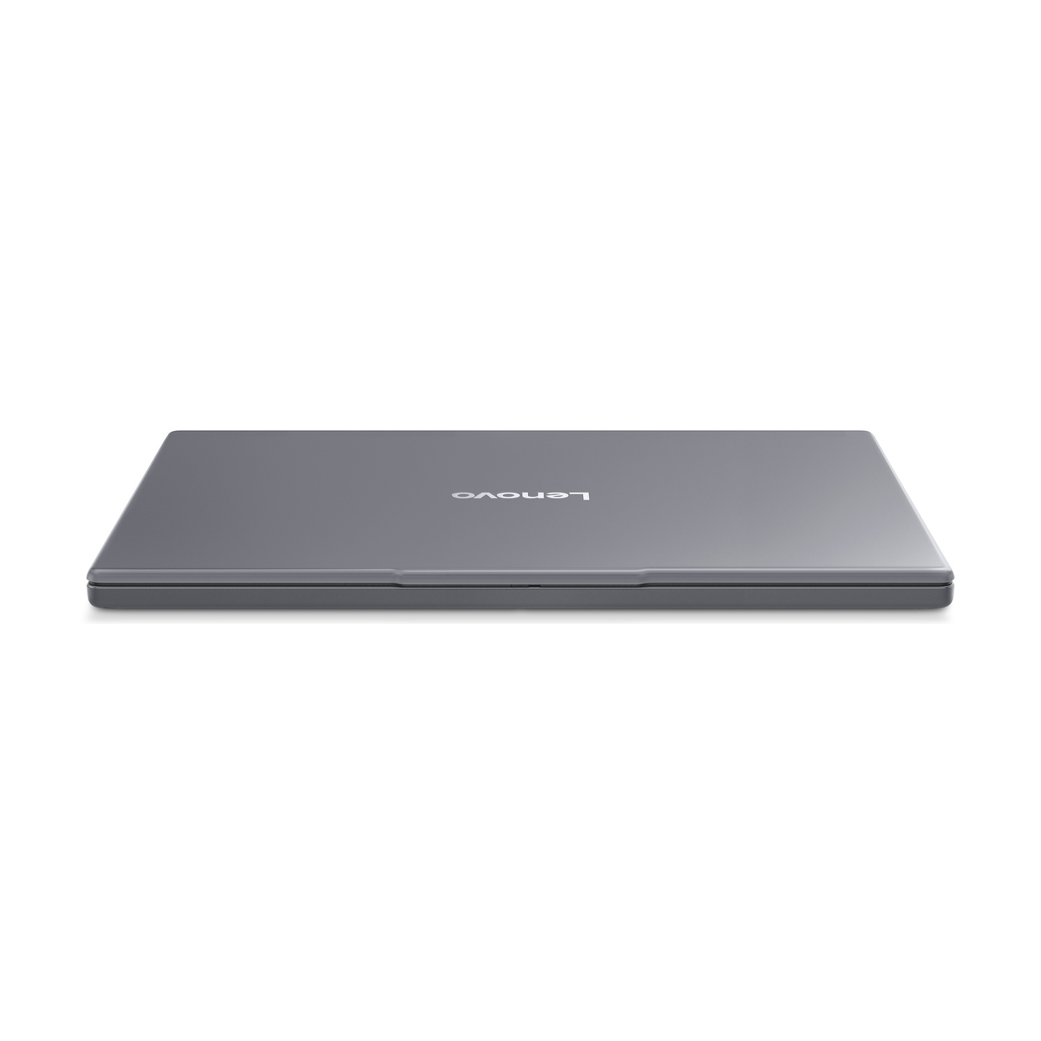 Laptop Lenovo grigio chiuso, visto di lato su sfondo bianco.