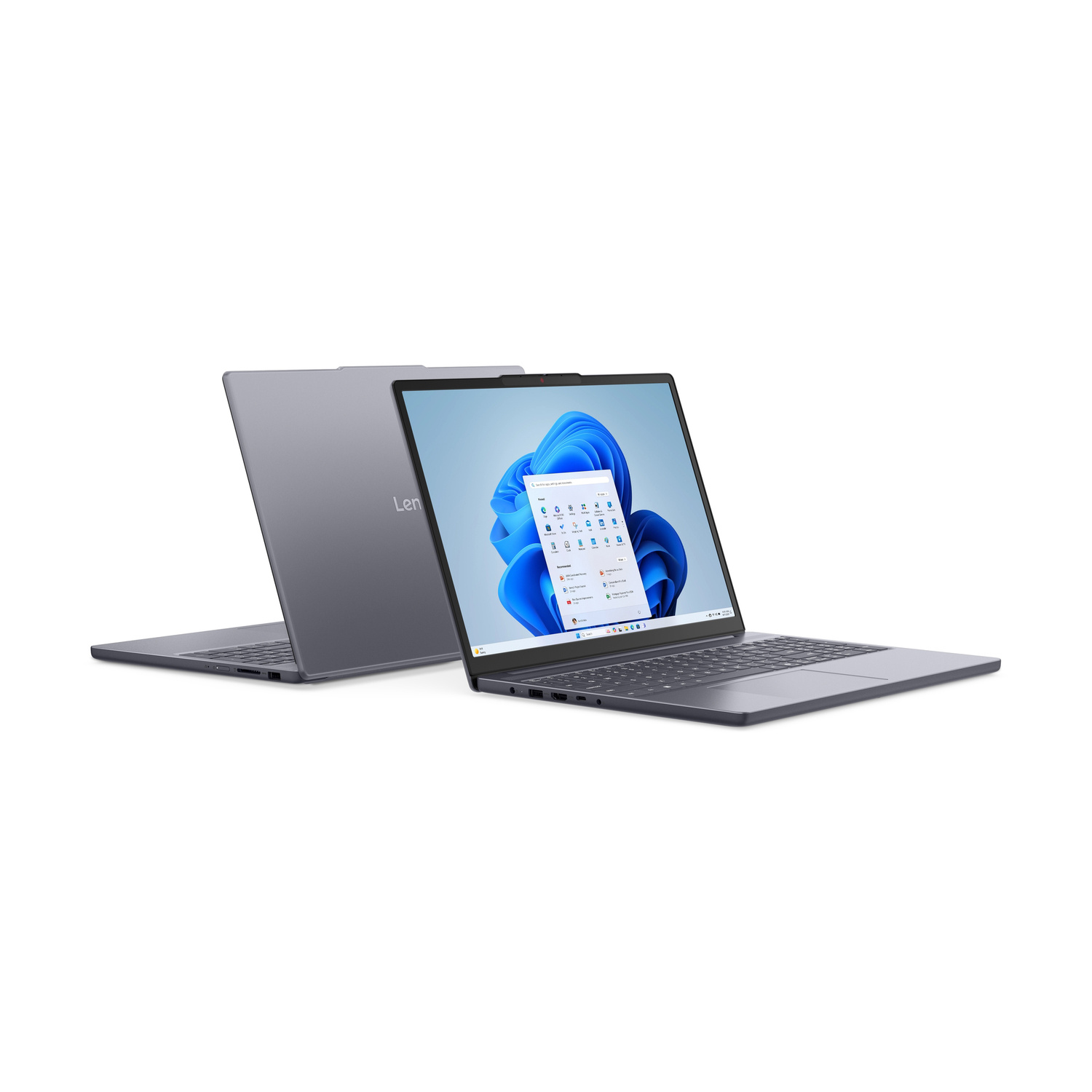 Due laptop grigi uno accanto all'altro su sfondo bianco. Uno aperto mostra Windows 11.