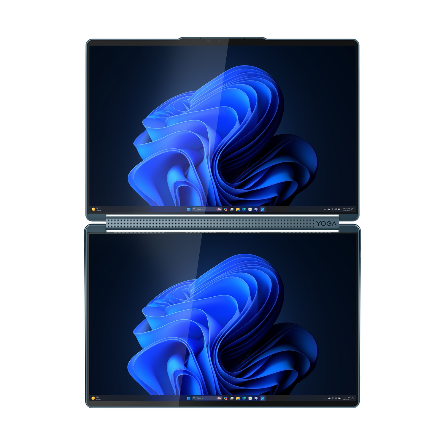 Due laptop aperti uno accanto all'altro, entrambi mostrano uno sfondo astratto blu e la barra delle applicazioni di Windows 11.