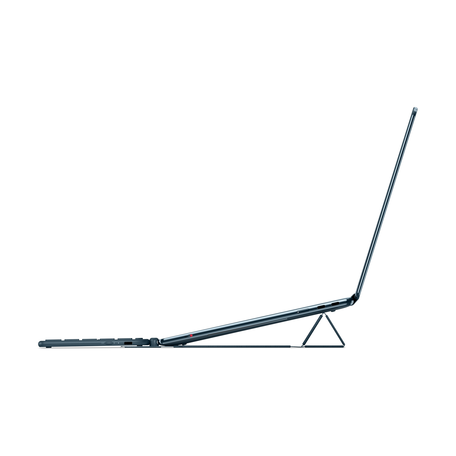 Un laptop blu scuro con tastiera attaccata e supporto su sfondo bianco.
