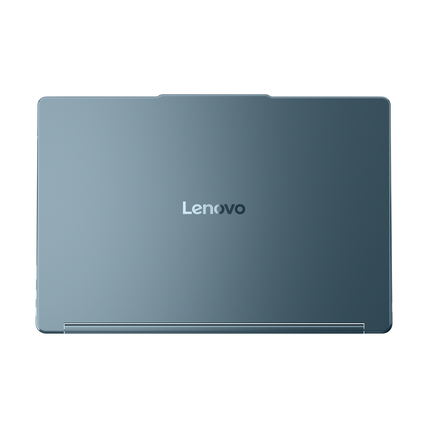 Laptop Lenovo blu chiuso visto dall'alto. Design minimalista.