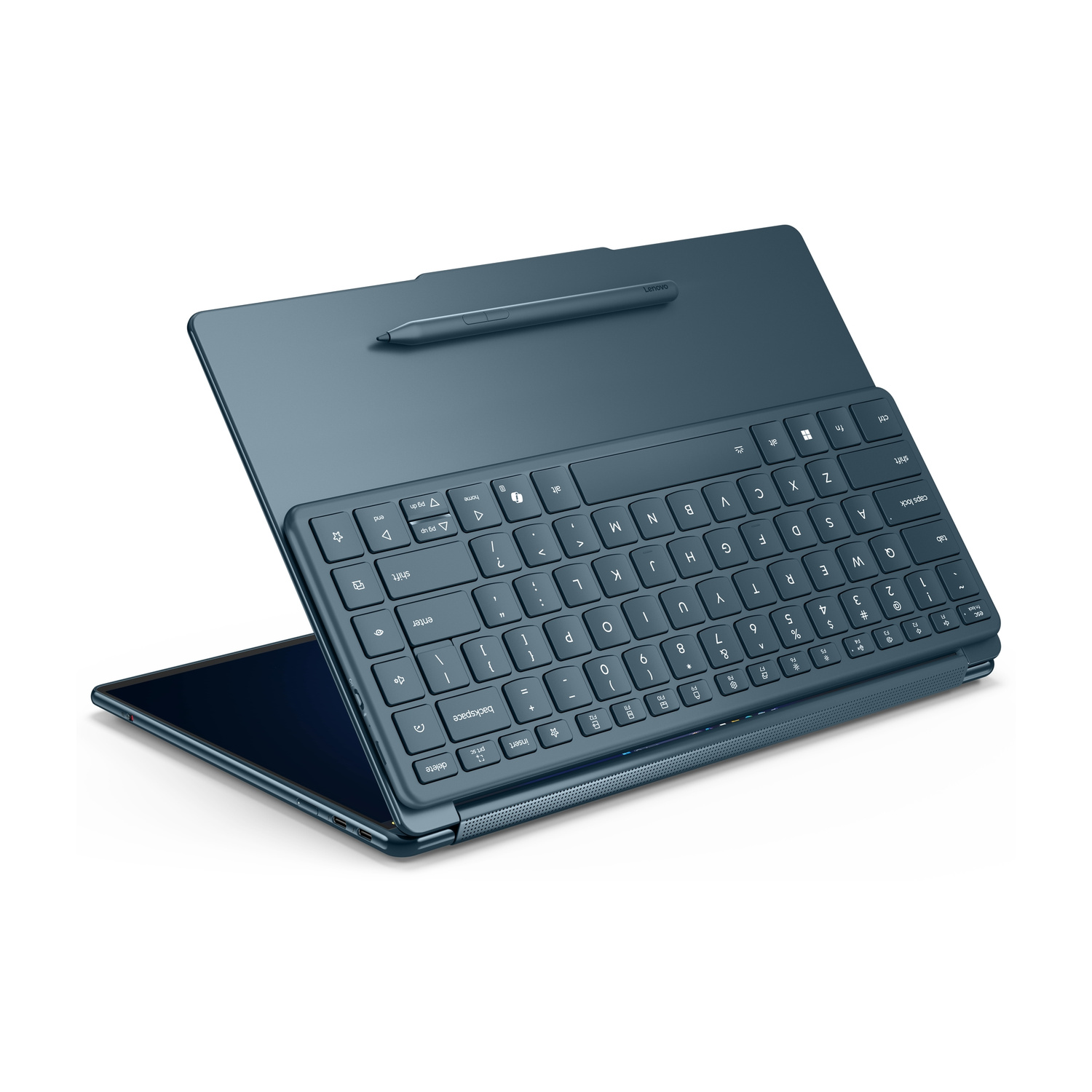 Un laptop 2 in 1 Lenovo blu scuro con tastiera e stilo, mostrato aperto.