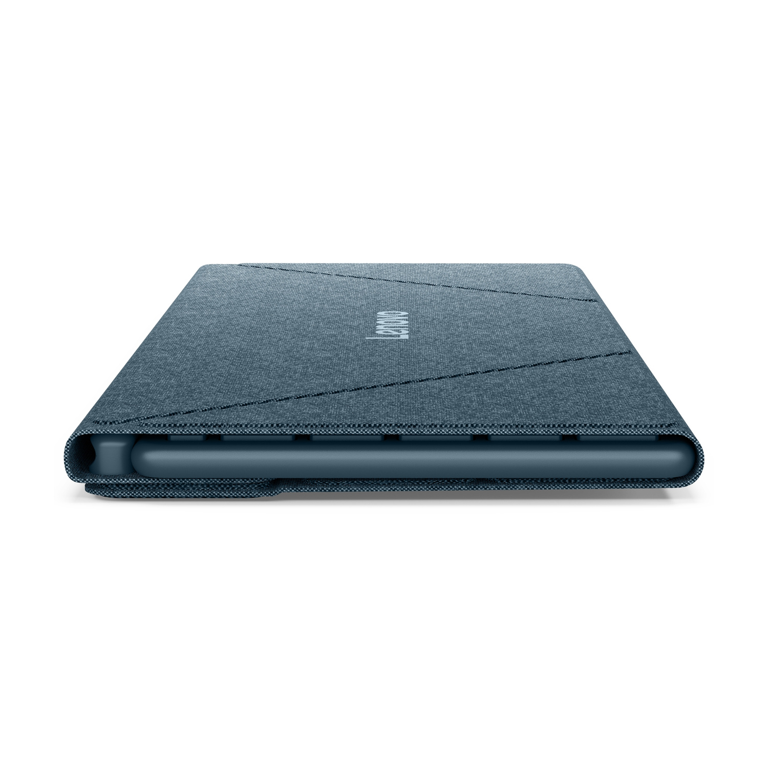 Copertina blu per tablet Lenovo con cuciture e logo.