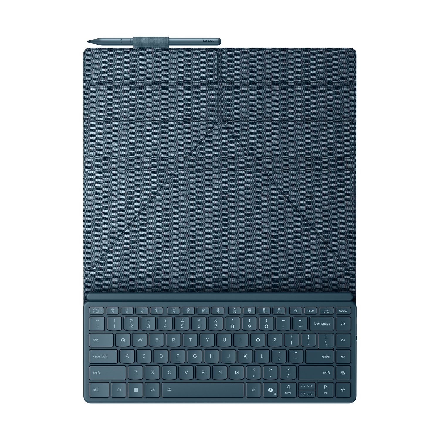 Uno stilo Lenovo blu è appoggiato sopra una cover per tastiera blu.