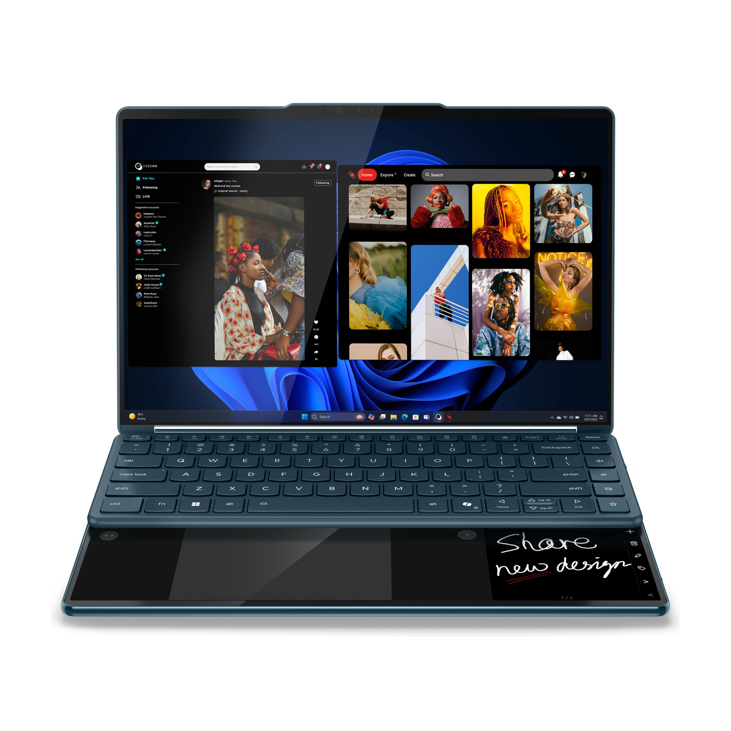 Un laptop blu scuro con due schermi che mostrano un'app di social media e un'app per le note.